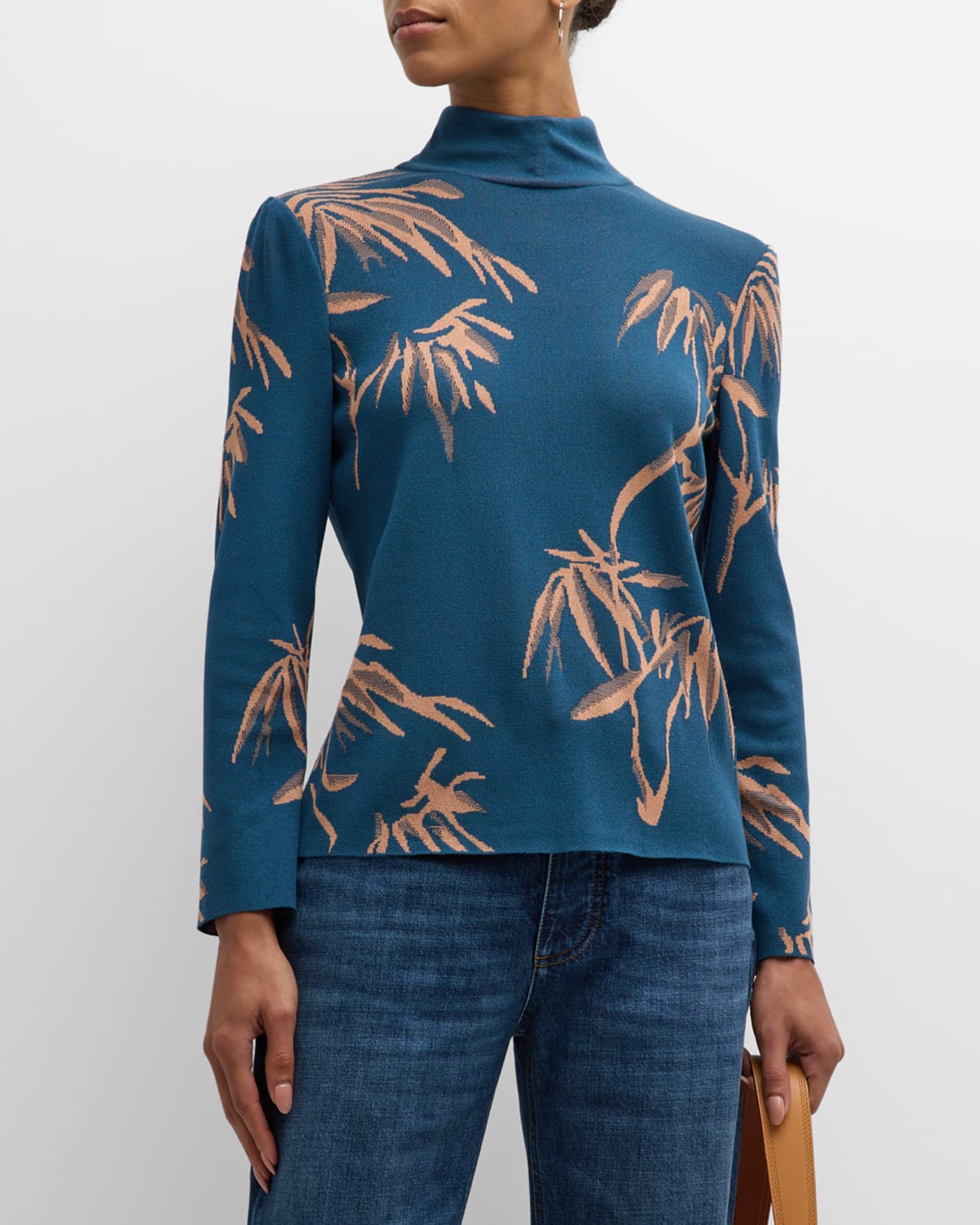 Botanical-Print Knit Mock-Neck Tunic