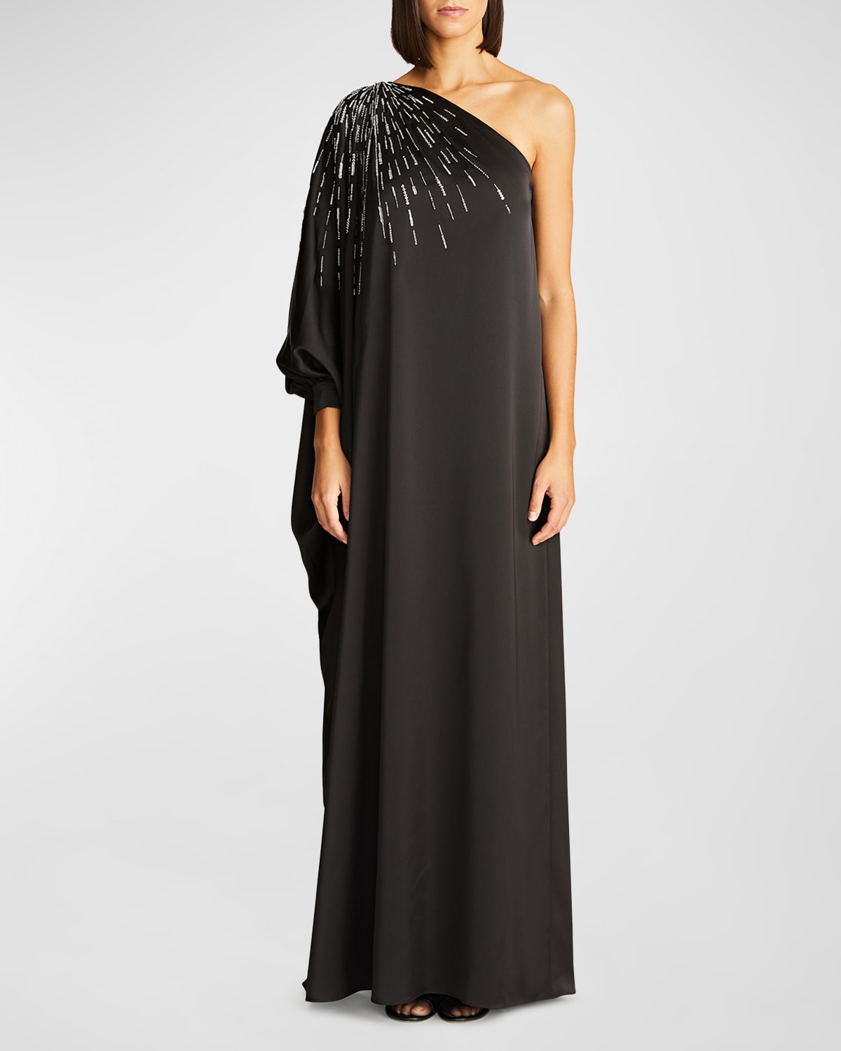 HALSTON CHAYA BEADED ONE-SHOULDER COLUMN GOWN