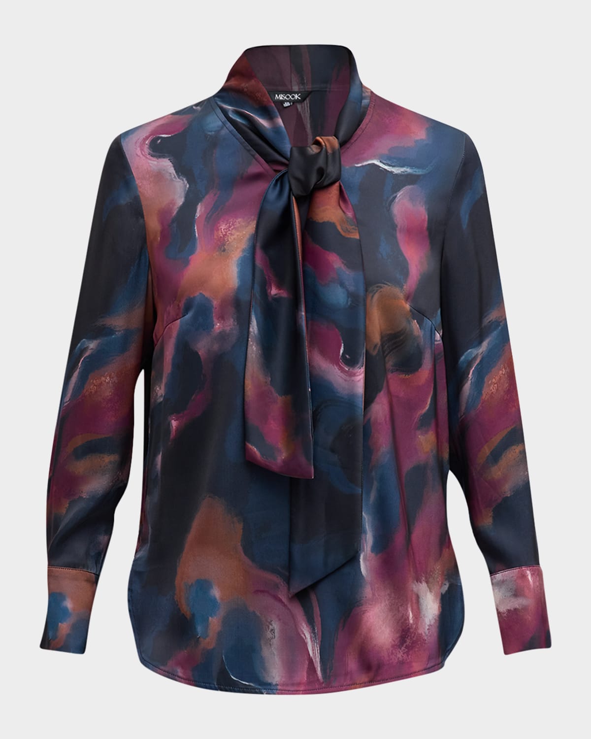 Misook Watercolor Tie Neck Crepe De Chine Blouse In Marine Teal/afric