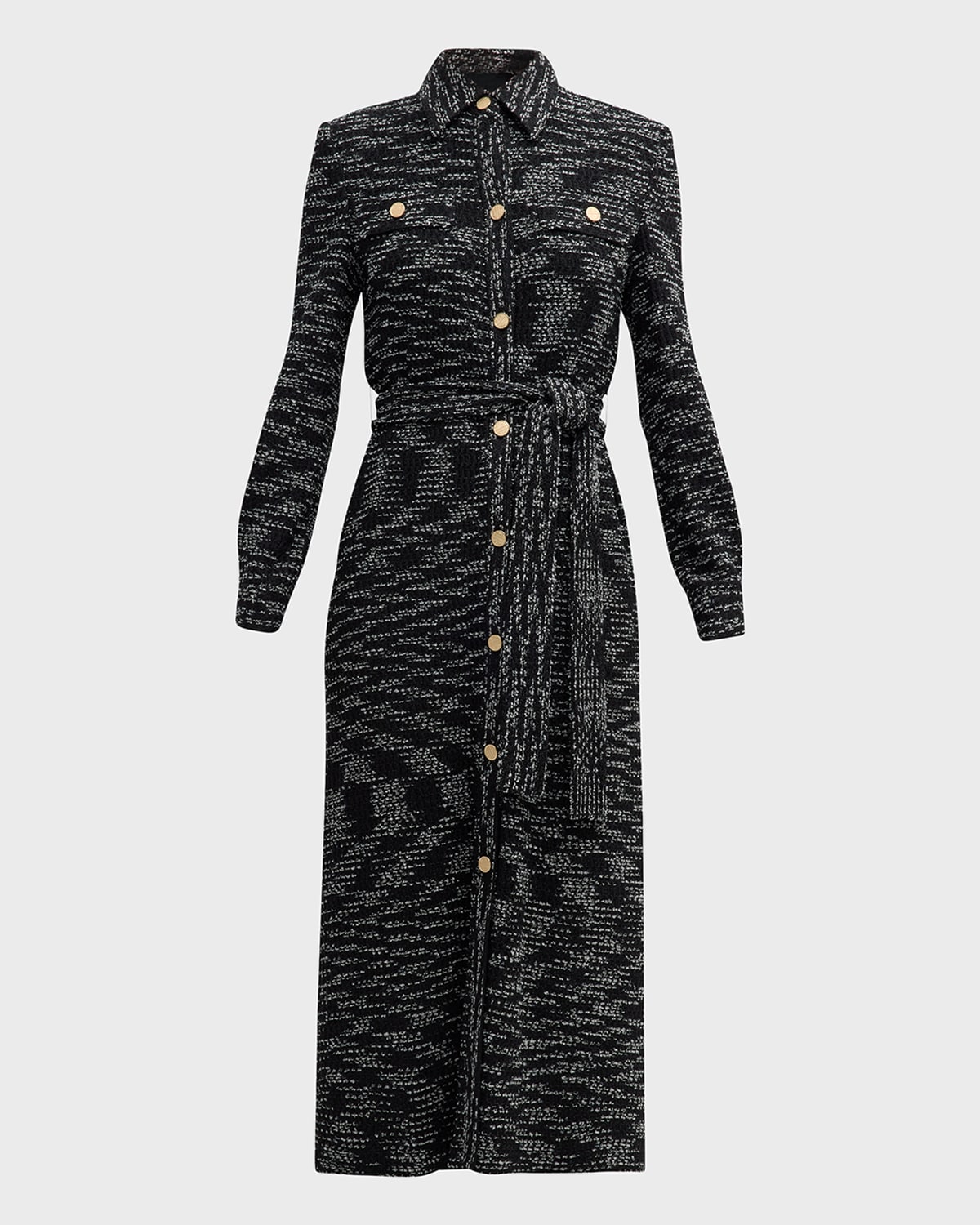 Misook Long Sleeve Tie Belt Tweed Shirtdress In Black/new Ivory