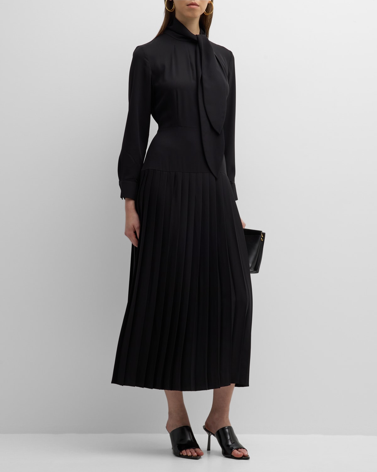 Shop Misook Pleated Tie-neck A-line Midi Dress In Black