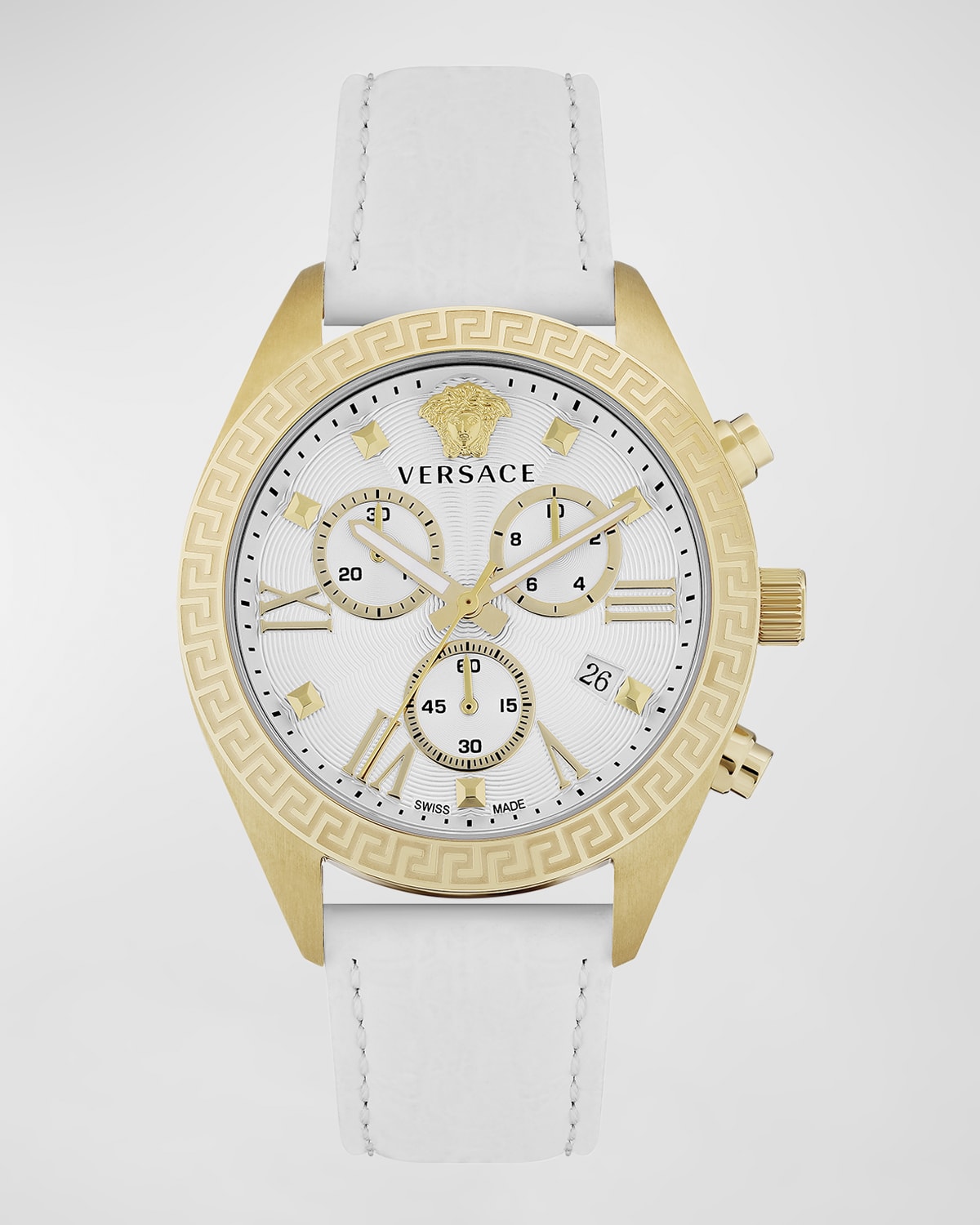 VERSACE 40MM GRECA CHRONO WATCH WITH LEATHER STRAP