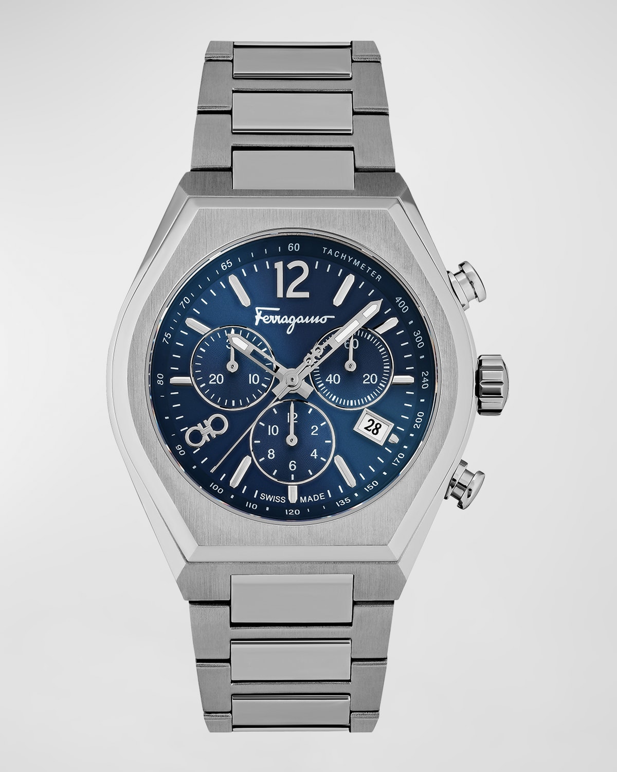 Ferragamo Men's 42mm Tonneau Chronograph Watch With Bracelet Strap, Silver/blue In Silver