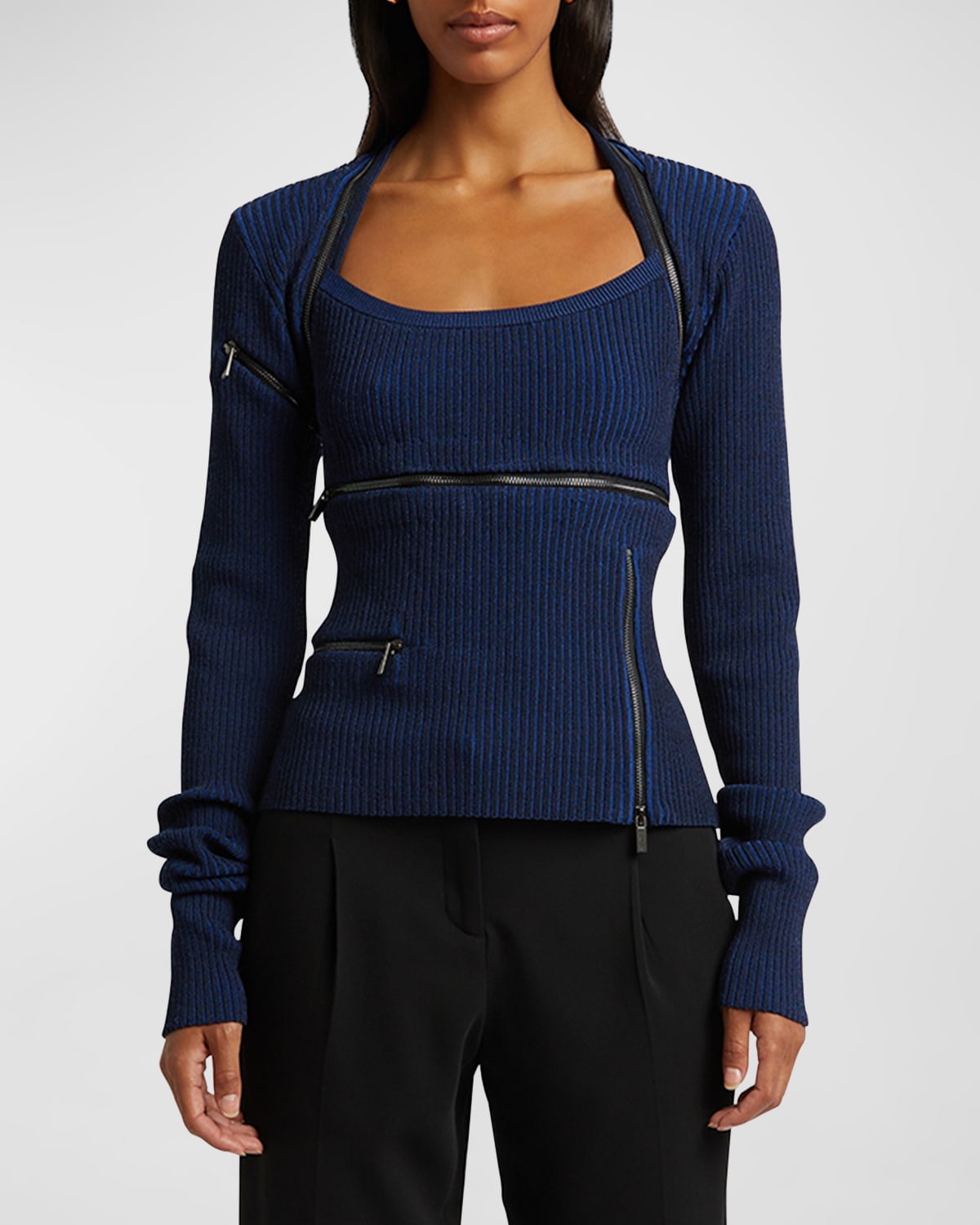 Christopher Esber Revaler Zipper Long-sleeve Knit Top In Prussian