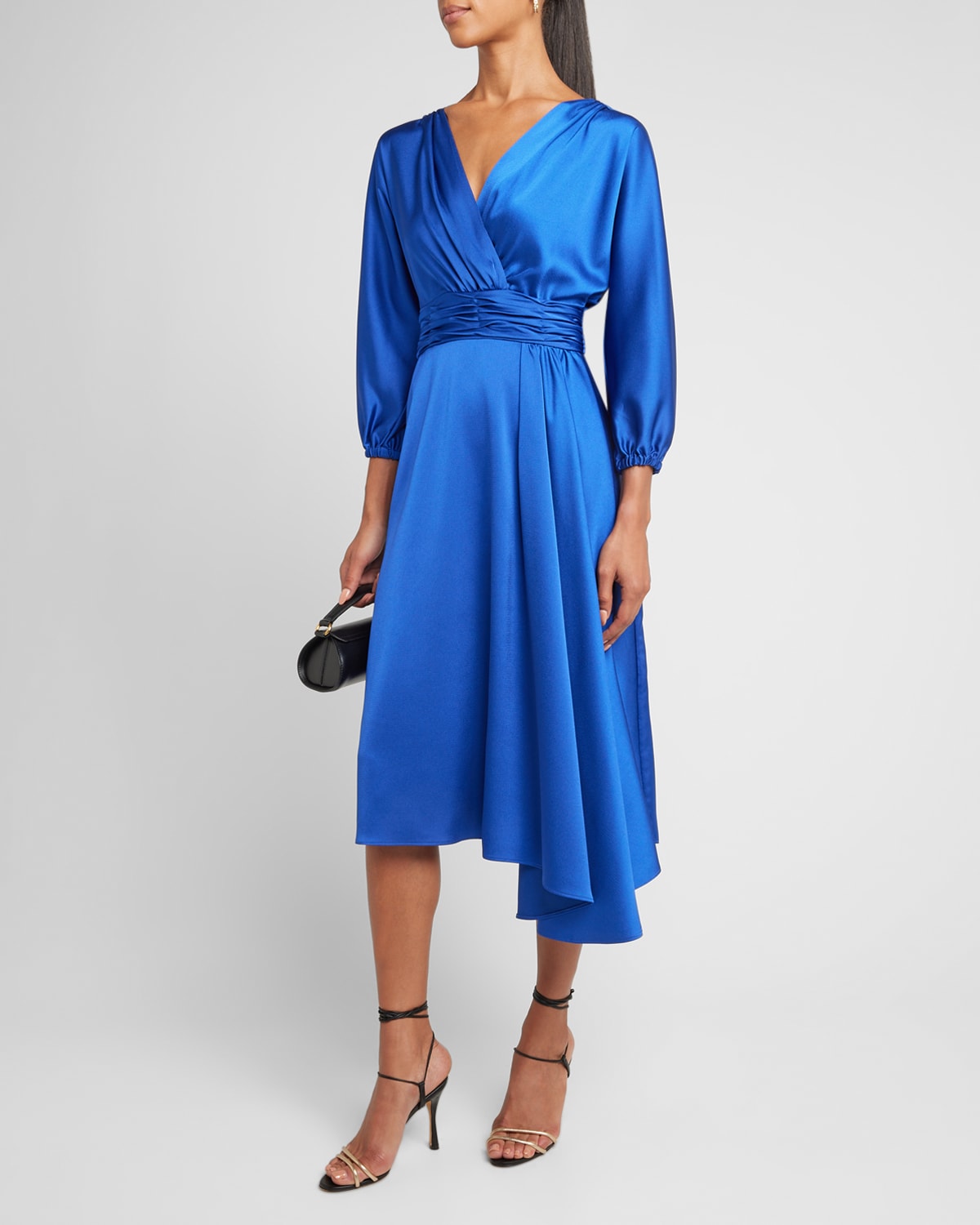 Asymmetric Blouson-Sleeve Midi Dress