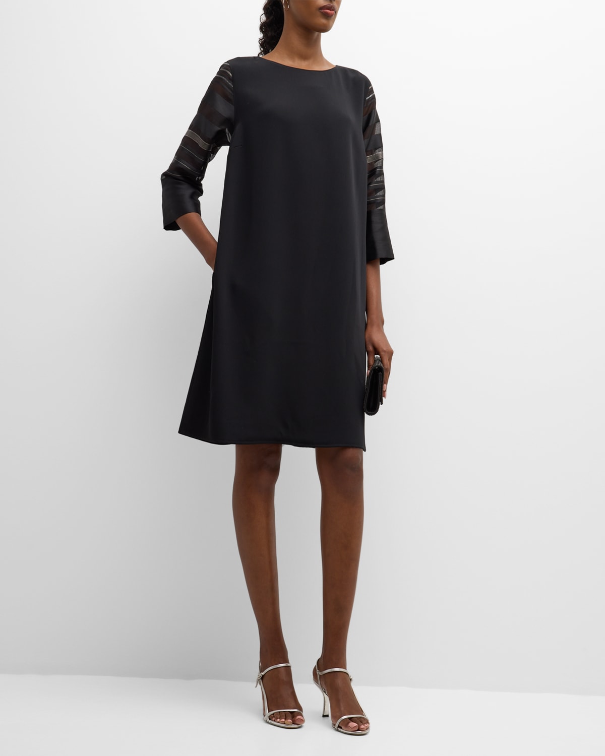 Caroline Rose Striped-sleeve Crepe Midi Shift Dress In Black Multi