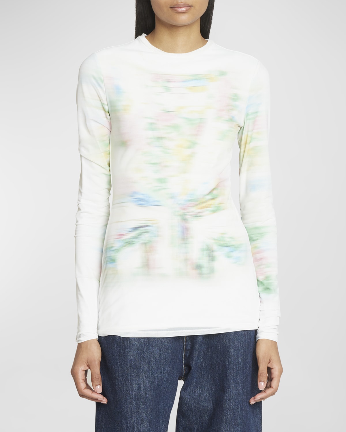 Shop Loewe Blurred Floral Fitted Long Sleeve Top In White Mult