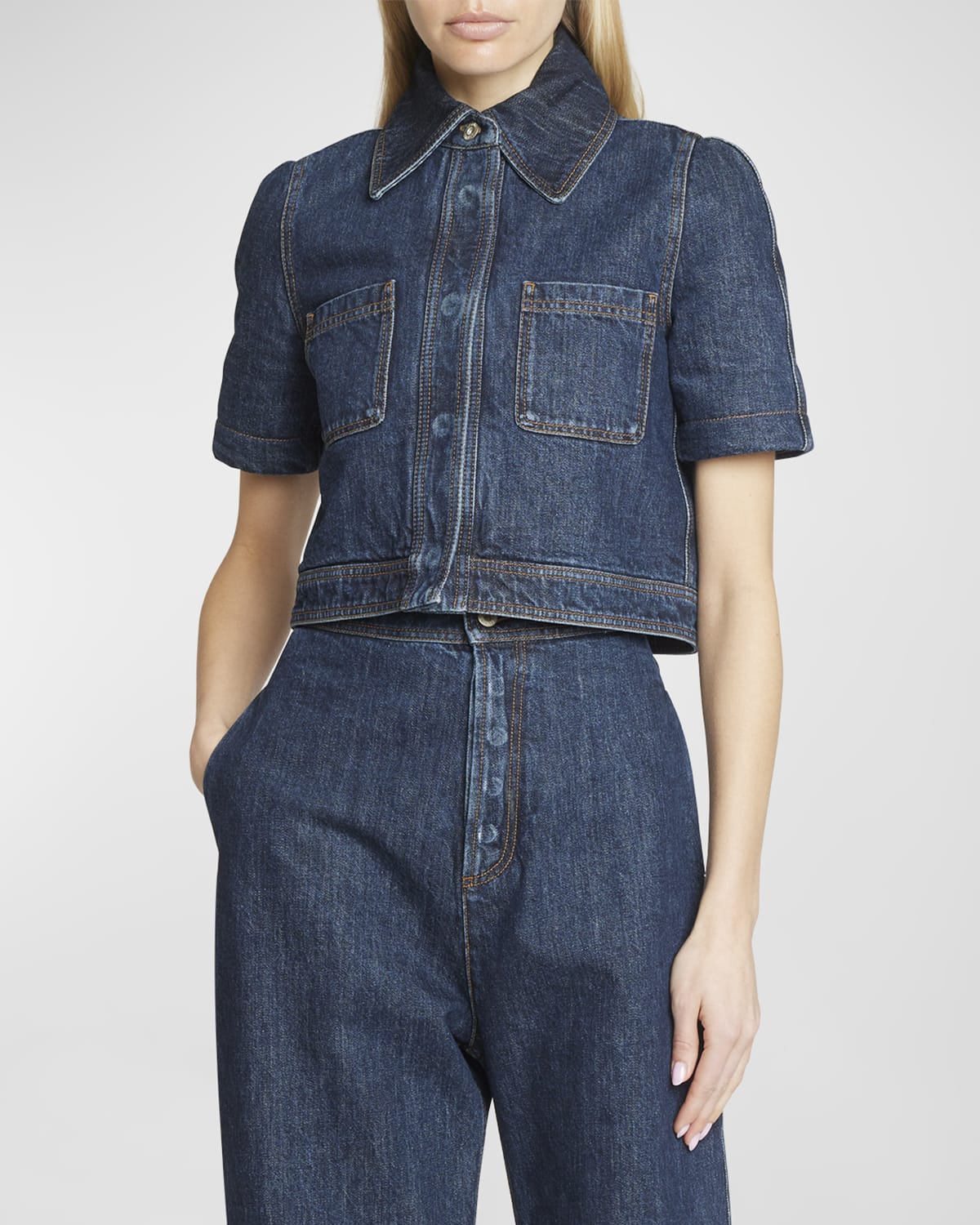 Loewe Cropped Leather-trimmed Denim Jacket In Raw Denim