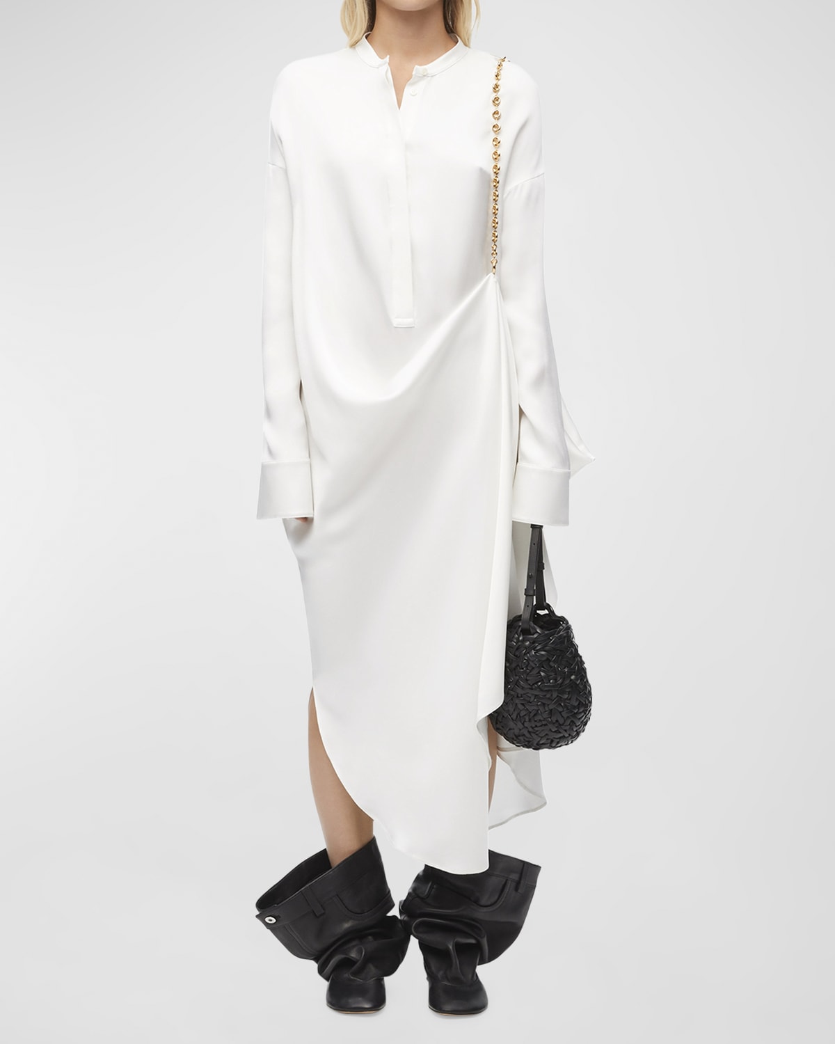 Shop Loewe Silk Long Shirtdress With Chain Drape Detail In Optic Whit