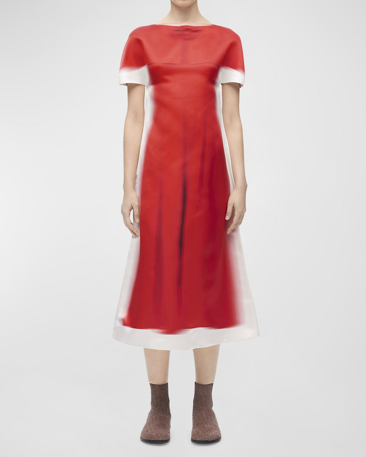 Shop Loewe Blurred Print Boatneck Midi Dress In Red White