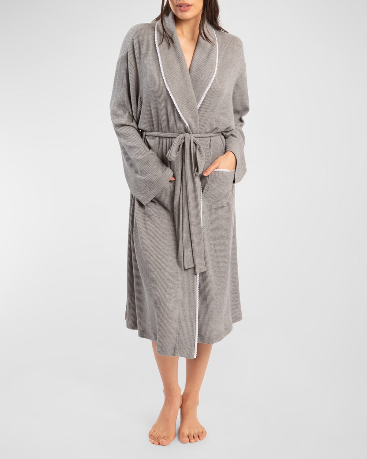 Andine Francesca Ribbed Lace-trim Robe In Grey