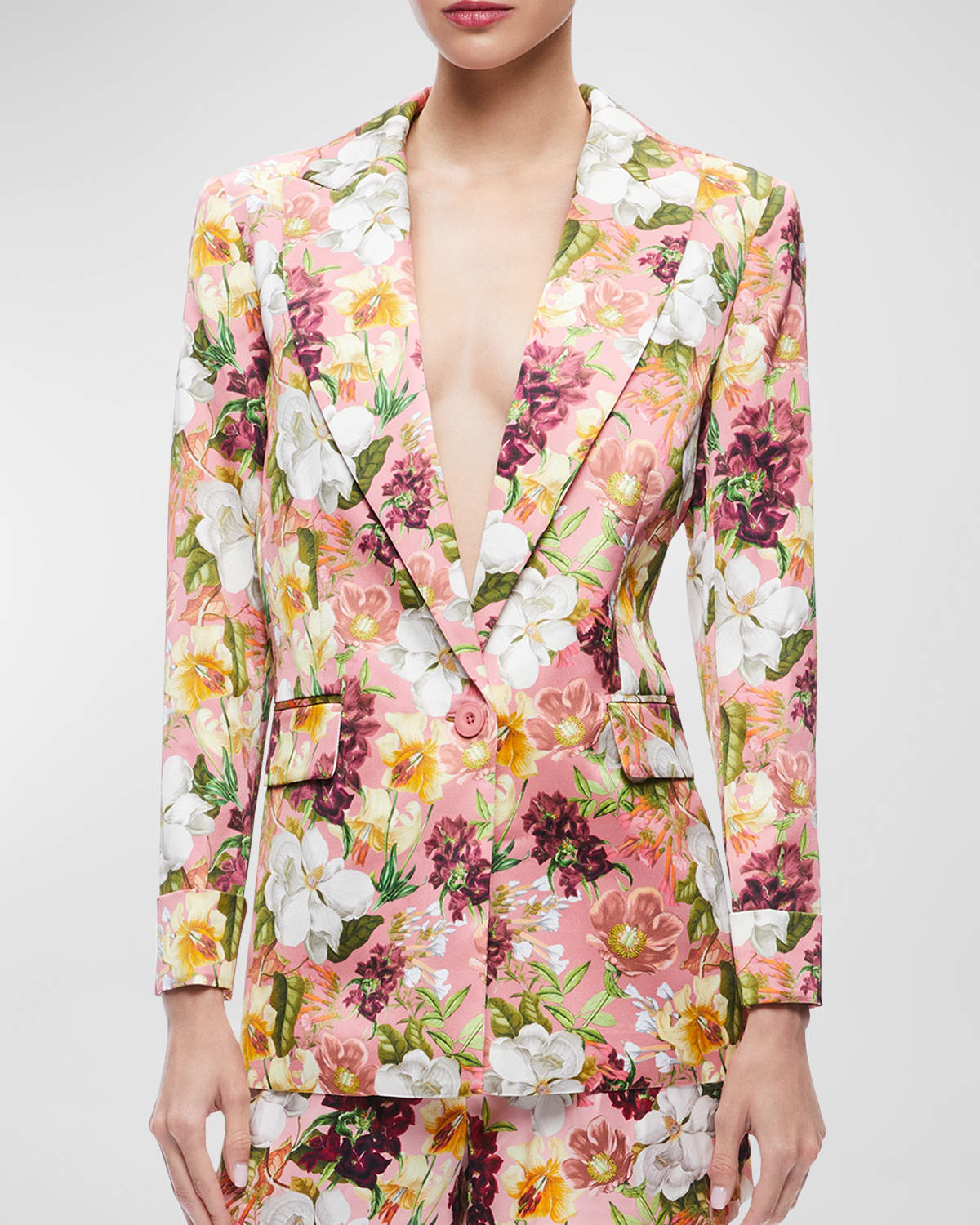 ALICE AND OLIVIA JUSTIN FLORAL-PRINT ROLL-CUFF LONGLINE BLAZER