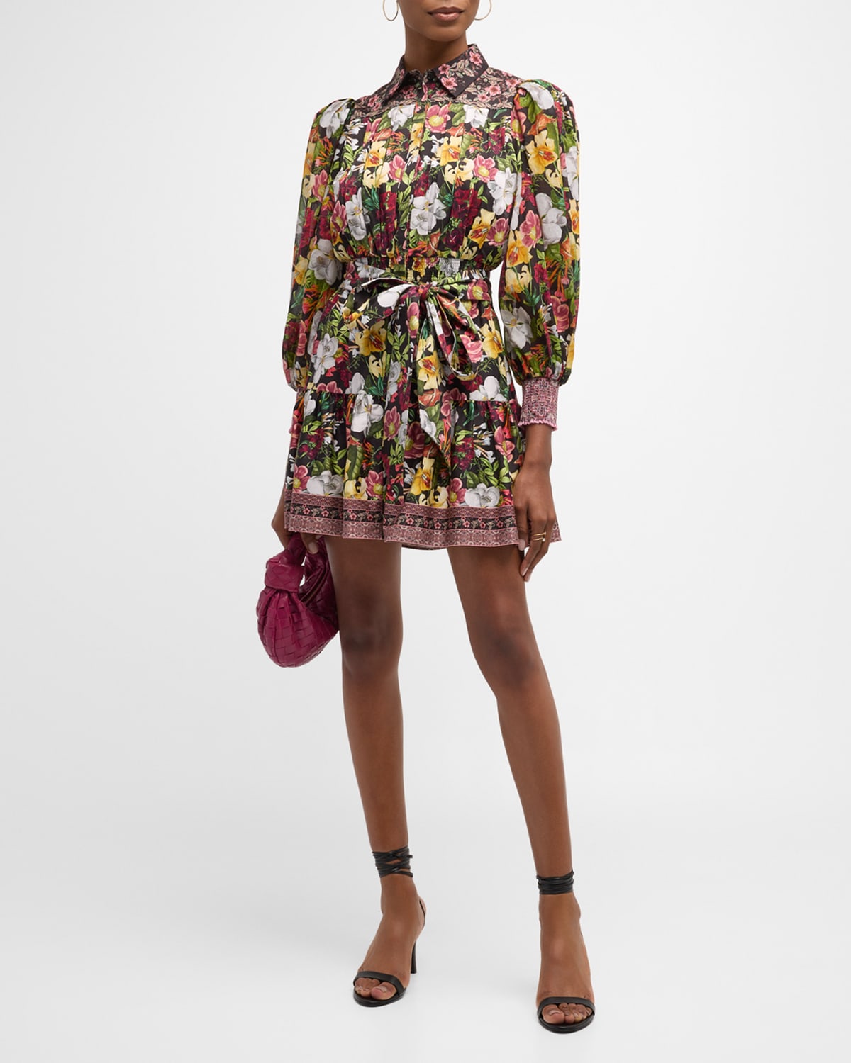 Alice And Olivia Mina Gathered Floral-print Chiffon Mini Dress In Juniper Floral Bl