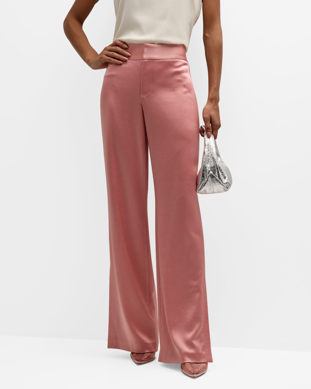 Shop Alice And Olivia Jc Mid-rise Satin Pants With Side Slits In Rose