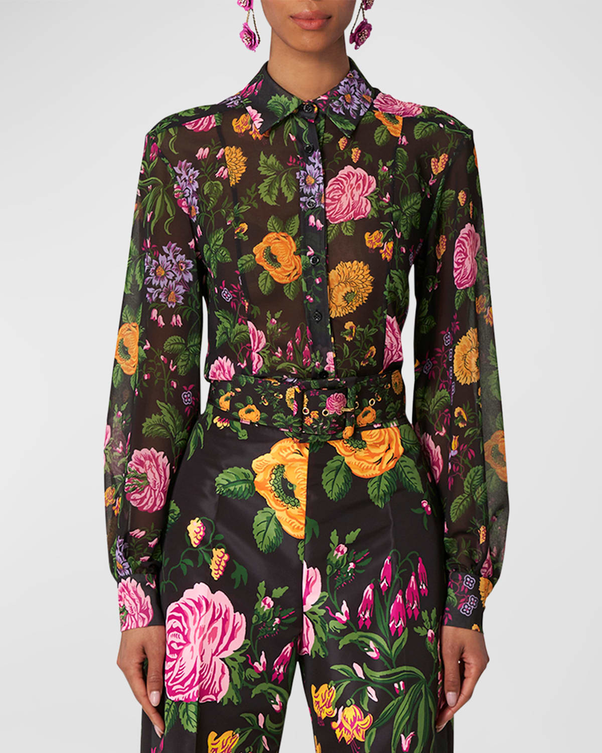 Carolina Herrera Sheer Floral Print Button-front Shirt In Black Multi