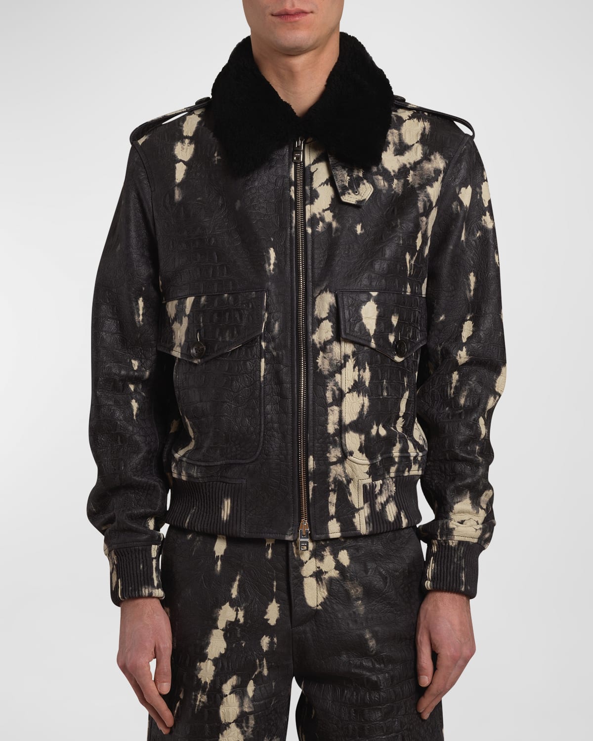 Amiri Men's Croc-print Leather Aviator Jacket In Black