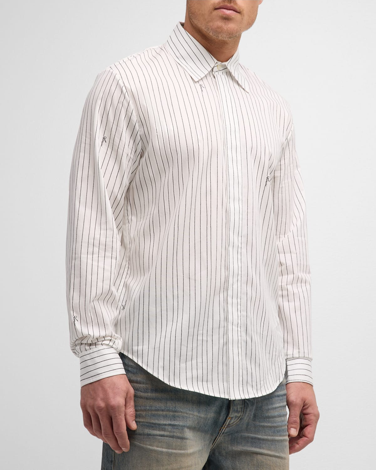 Shop Amiri Men's Pinstripe Script Sport Shirt In White