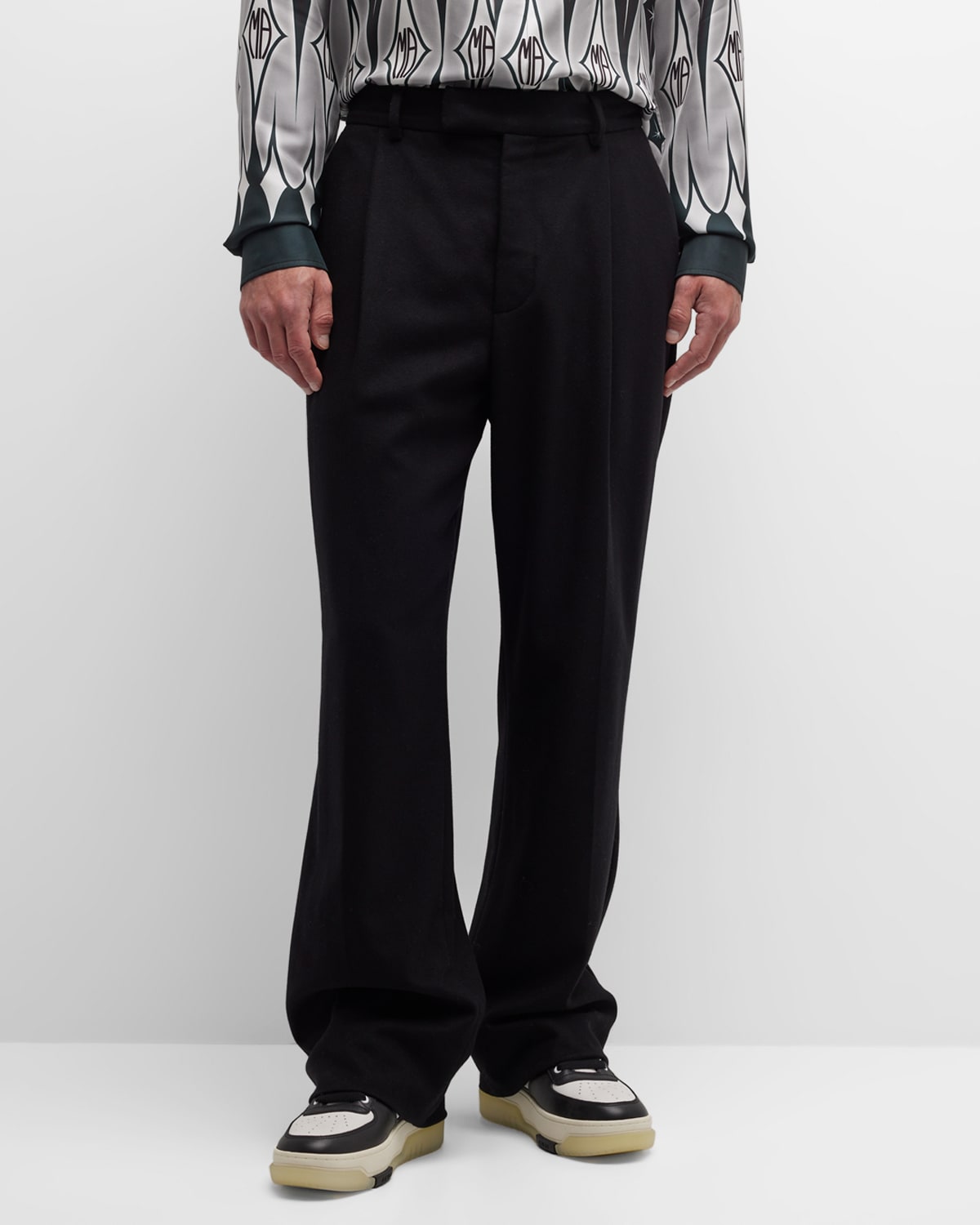 Shop Amiri Men's Double-pleat Shiny Dress Pants In Black