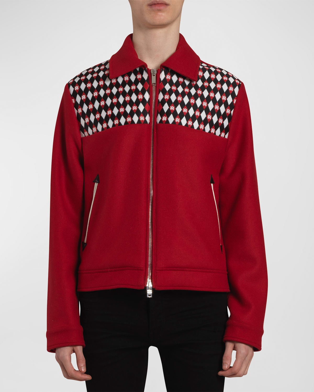 Amiri Wool Blend Diamond Jacket With Embroidered Insert In Goji Berry