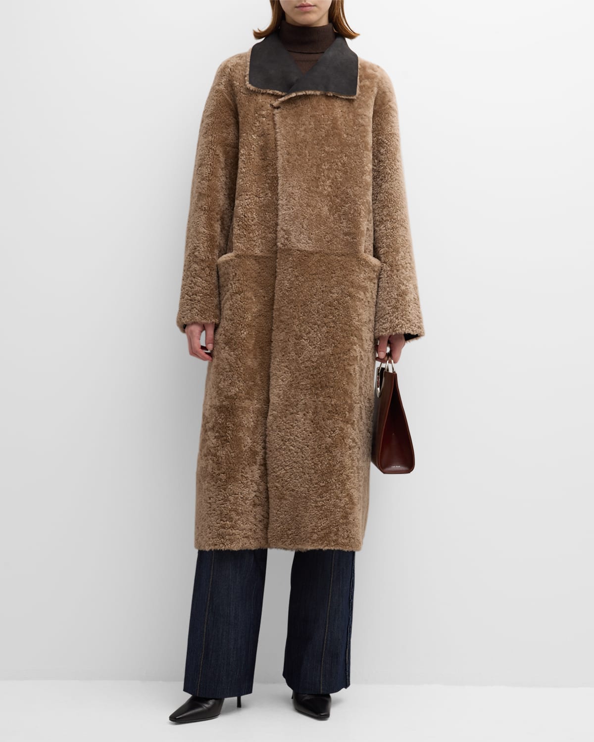 Nour Hammour Reversible Shearling Peacoat In Cafe