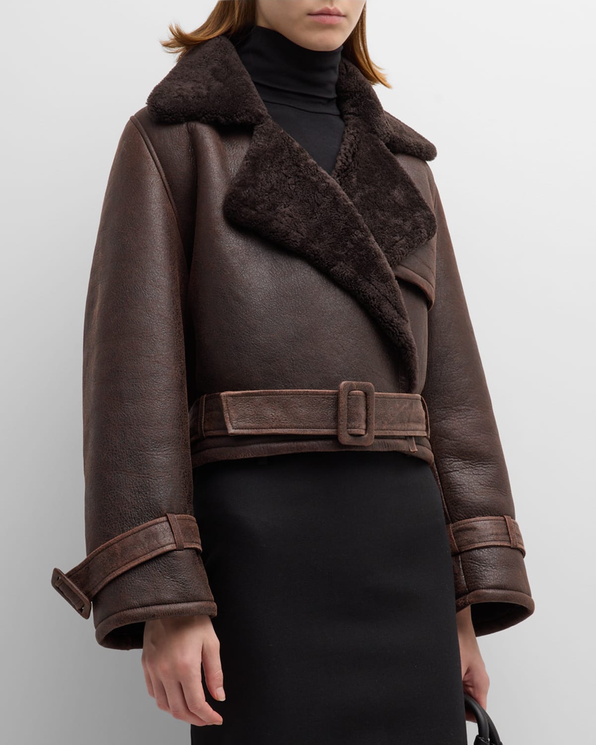Nour Hammour Cropped Shearling Jacket With Belted Detail In Dark Chocolate