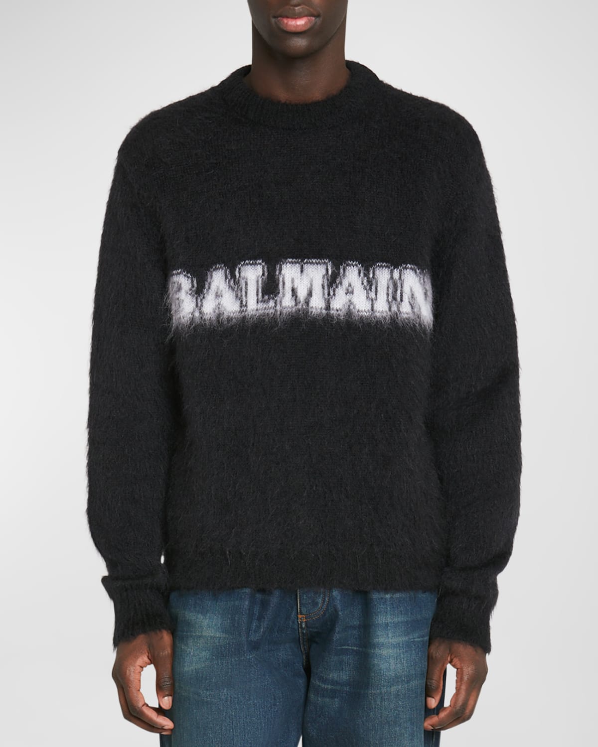 Balmain Black Crewneck Sweater With Maxi Logo Lettering On The Front And Brushed Effect In Wool Blen In Blk/white