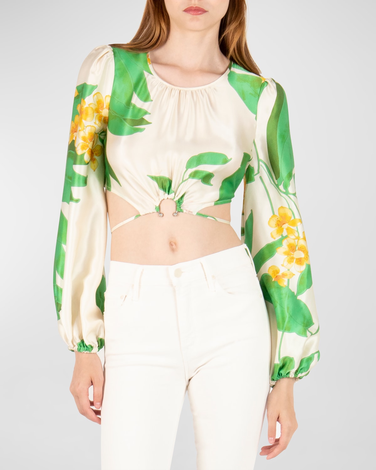 Shop Secret Mission Donna Waist-tie Silk Blouse In Tropical Green