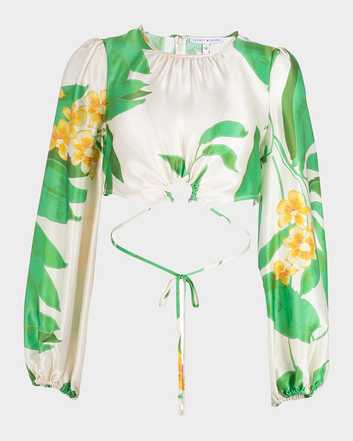 Shop Secret Mission Donna Waist-tie Silk Blouse In Tropical Green