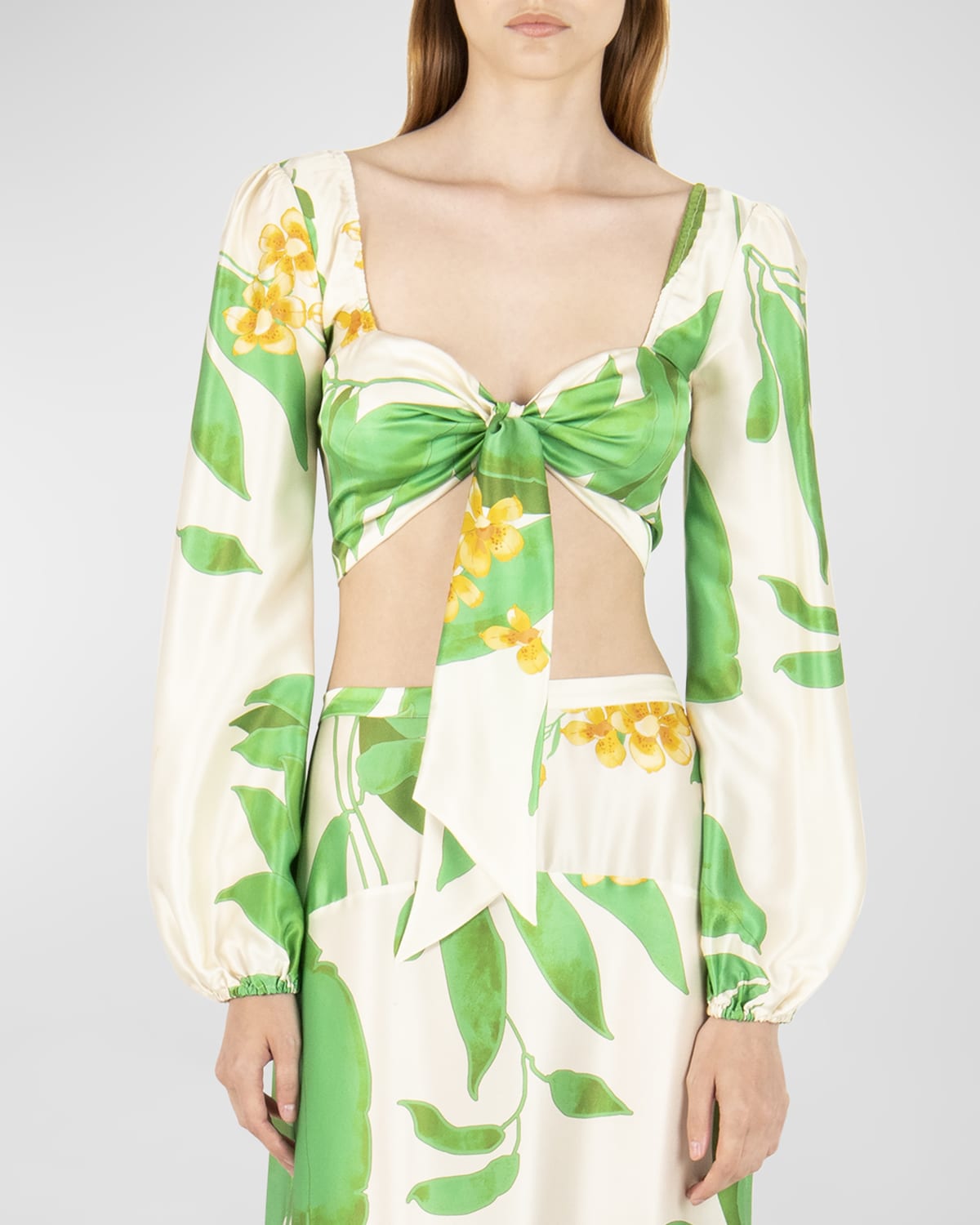 Secret Mission Natalie Jungle-print Silk Tie-front Crop Top In Tropical Green
