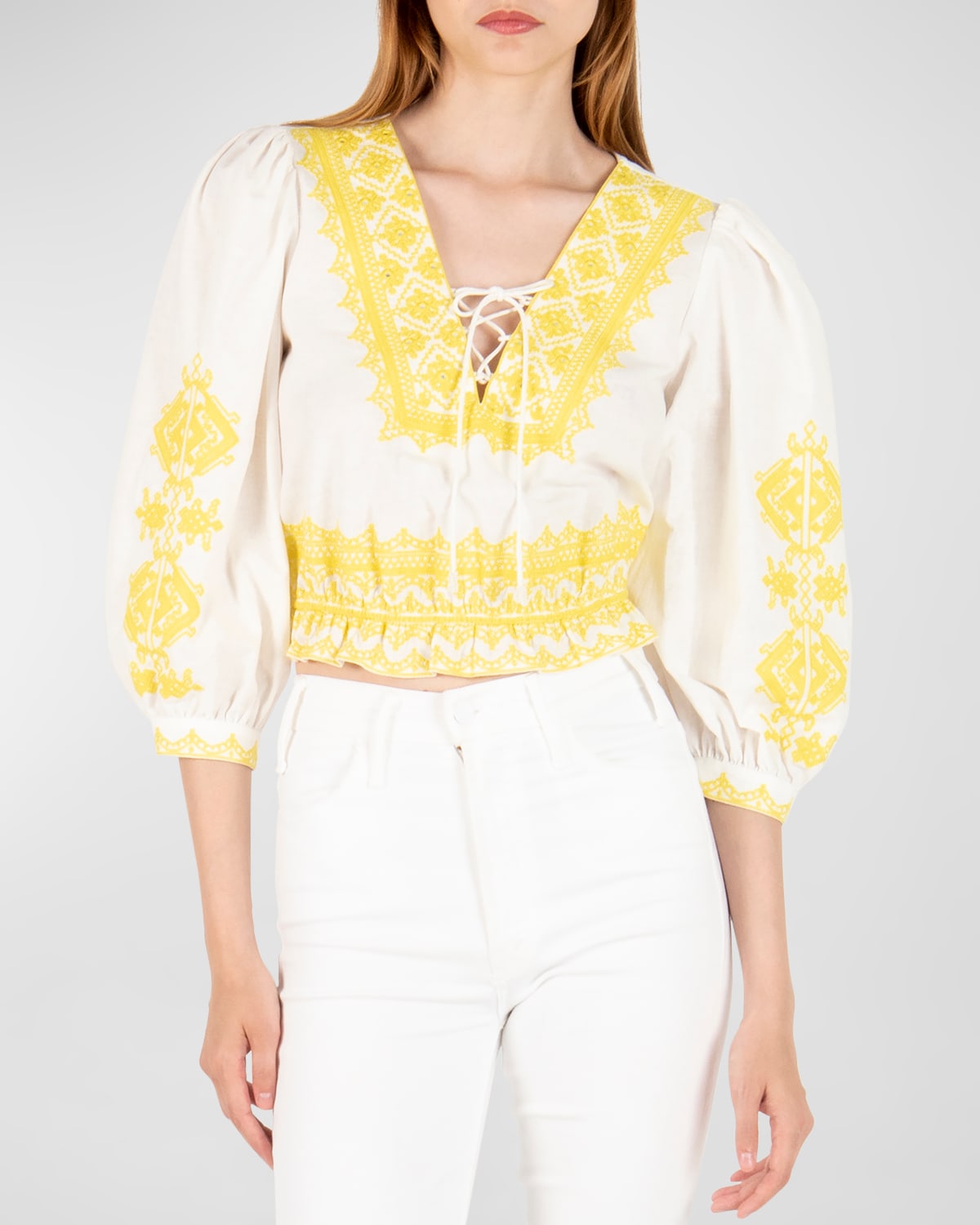 SECRET MISSION GINA EMBROIDERED LACE-UP LINEN BLOUSE