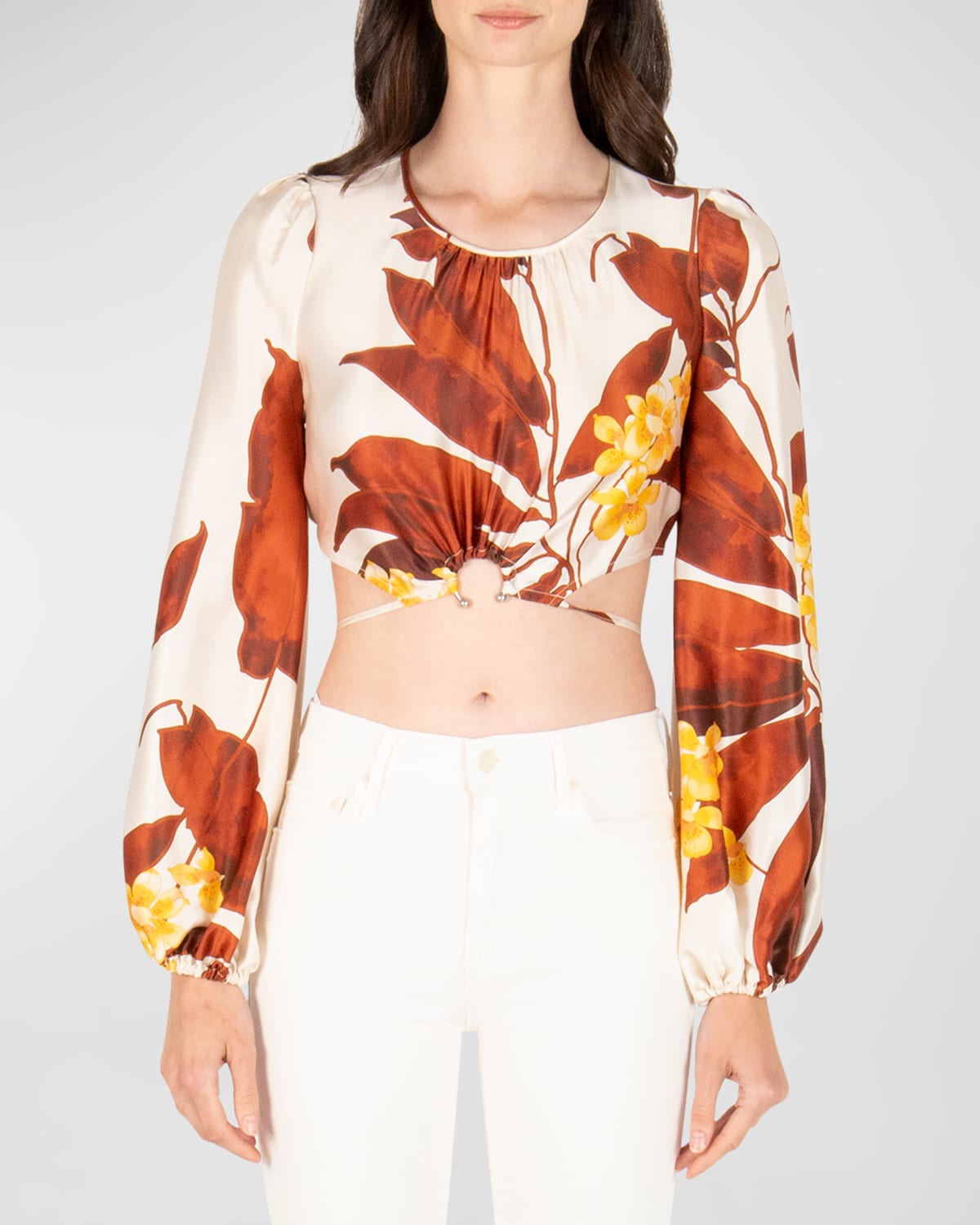 Shop Secret Mission Donna Waist-tie Cropped Silk Blouse In Tropical Brown