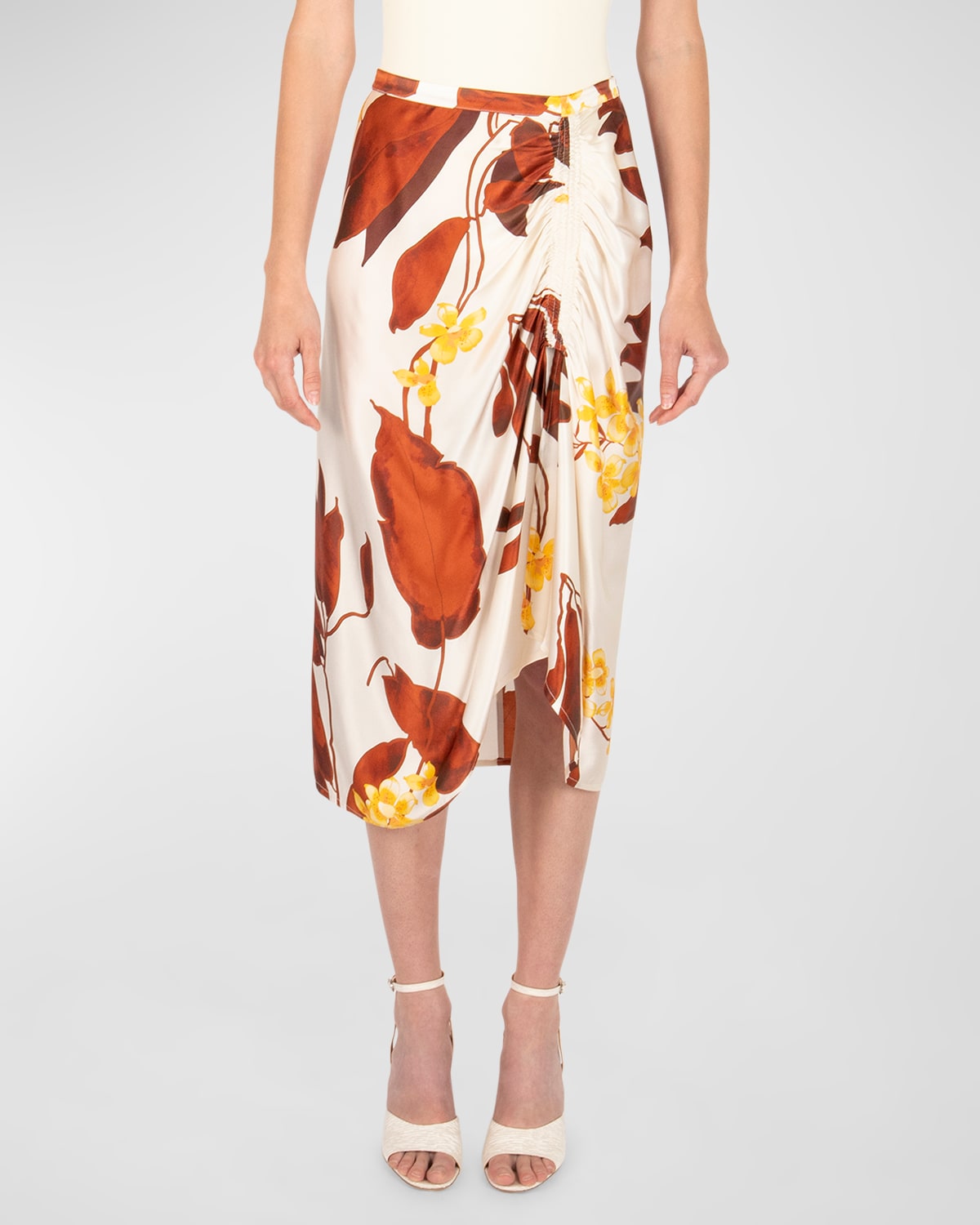 Secret Mission Erin Silk Printed Midi Skirt In Tropical Brown