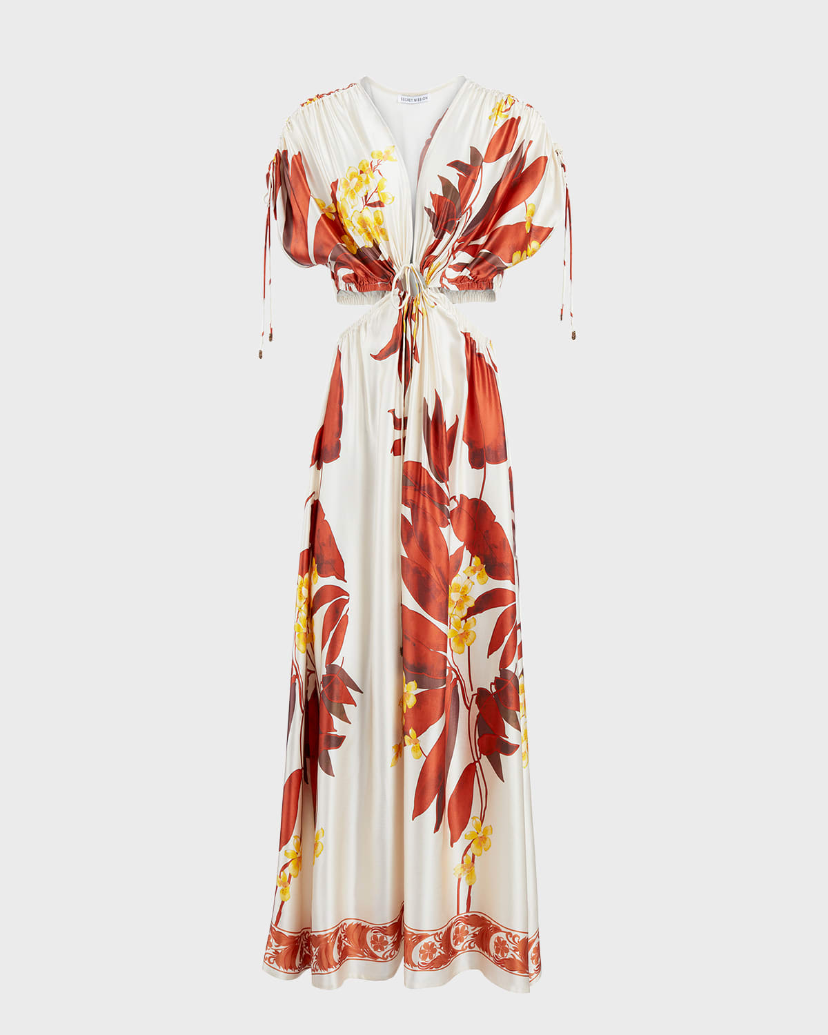 Secret Mission Donna Silk Cutout Maxi Dress In Tropical Brown