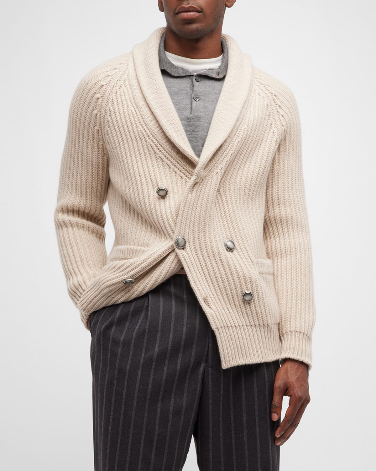 BRUNELLO CUCINELLI MEN'S HOLLYWOOD GLAMOUR CASHMERE DOUBLE-BREASTED CARDIGAN