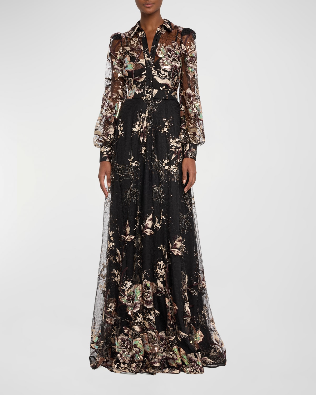 Badgley Mischka Belted Embroidered Sequin Lace Shirt Gown In Black Multi