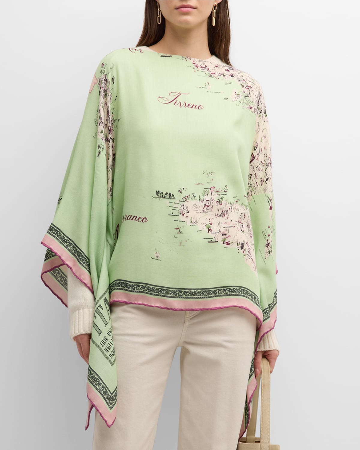 Shop Rani Arabella Italy Print Cashmere & Silk Poncho In Celadon