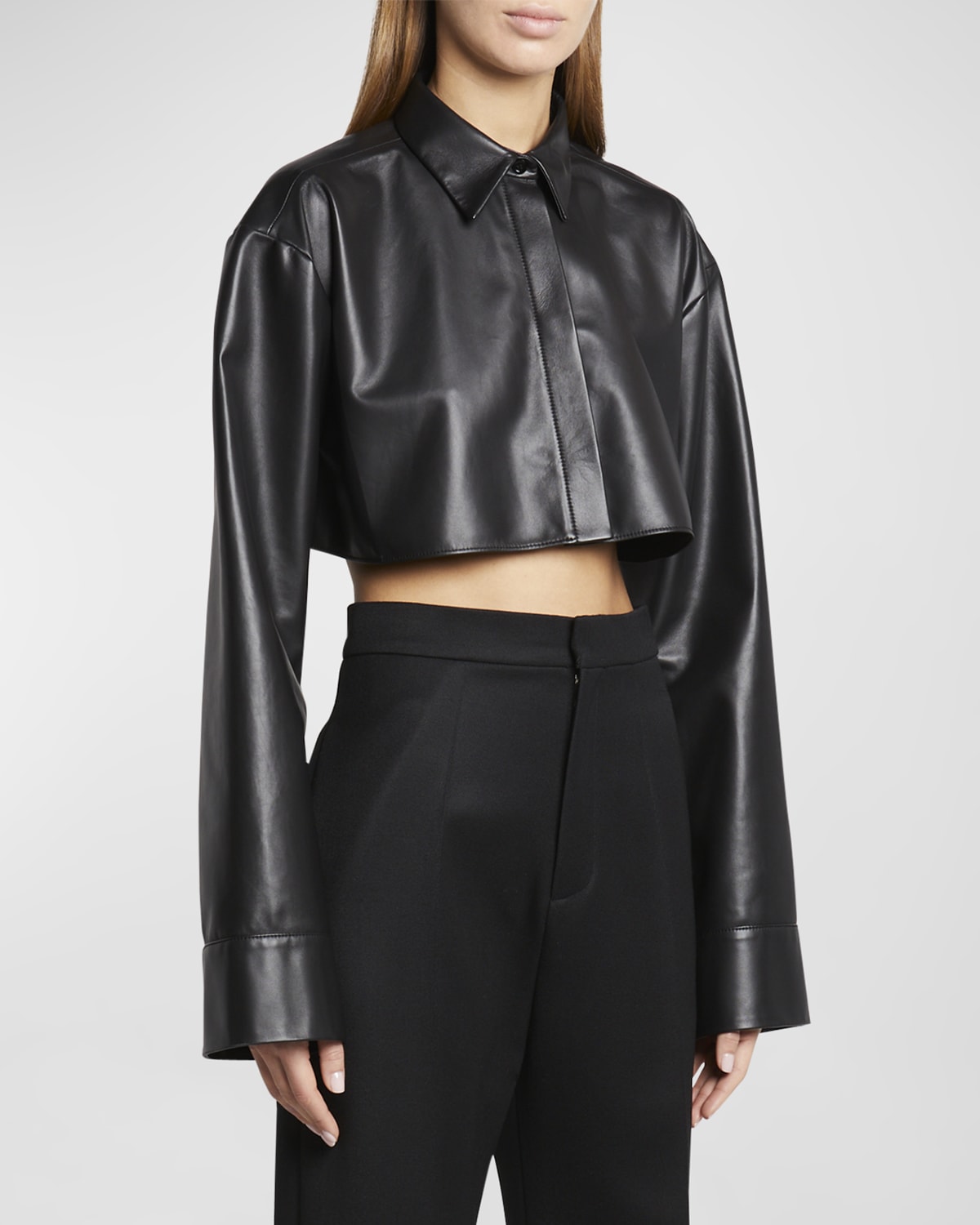 Shop Loewe Leather Crop Collared Shirt In Black