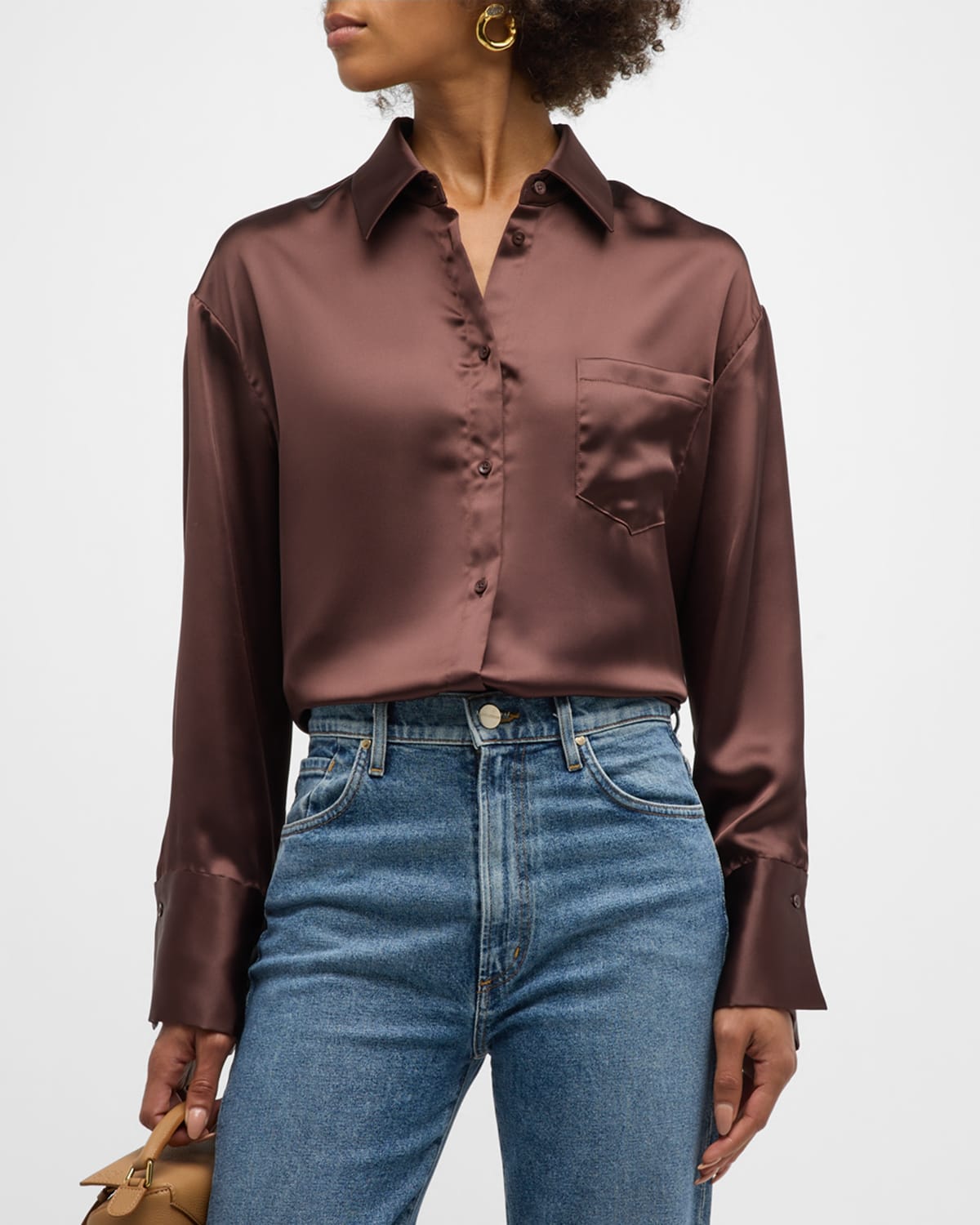 ALICE AND OLIVIA FINELY OVERSIZED SATIN BUTTON-FRONT SHIRT