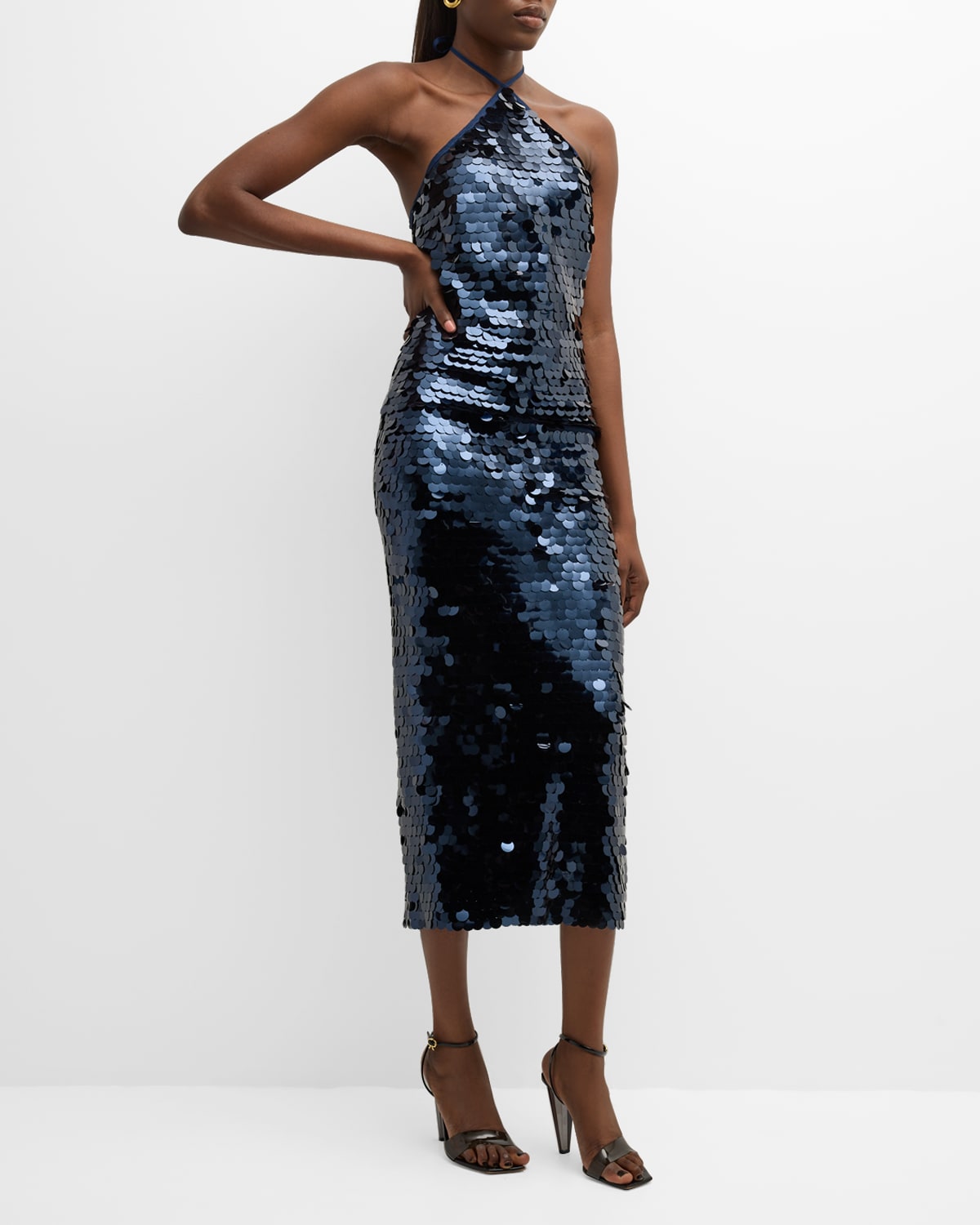 The New Arrivals By Ilkyaz Ozel Blanca Sleeveless Sequin Halter Midi Dress In Midnight