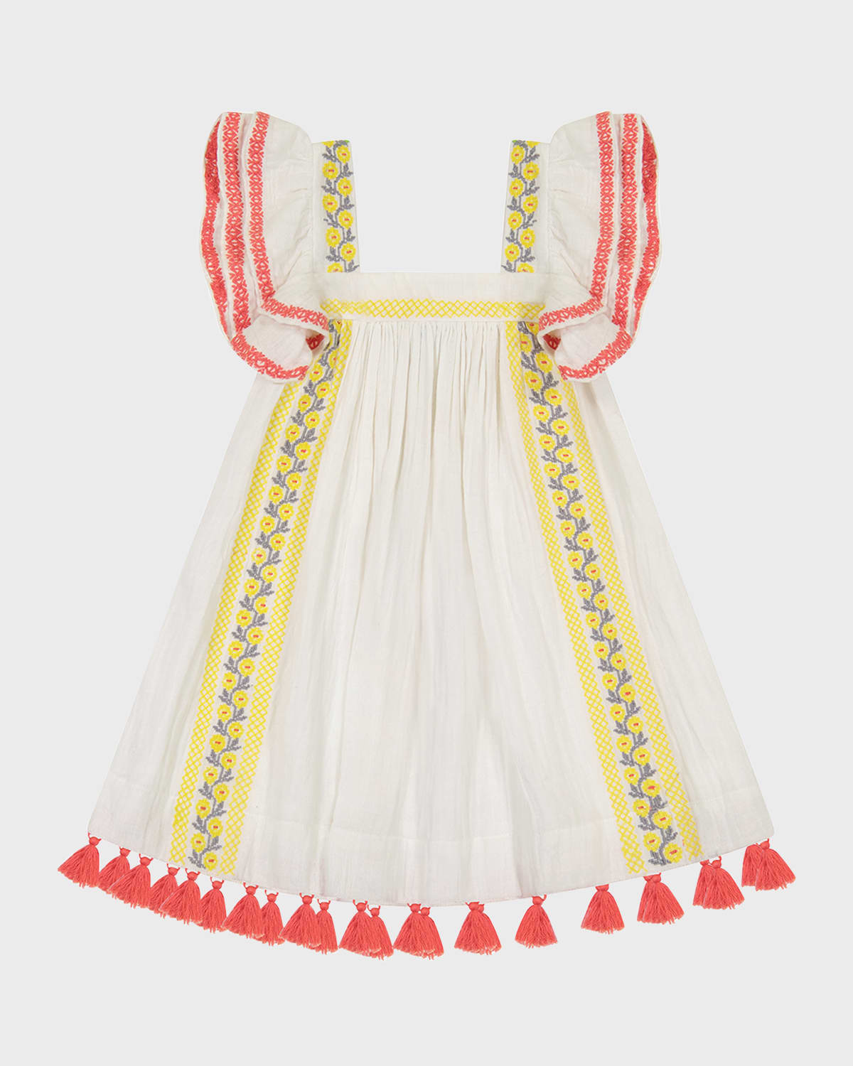 Mer St. Barth Kids' Girl's Serena Tassel Floral Embroidered Dress In White