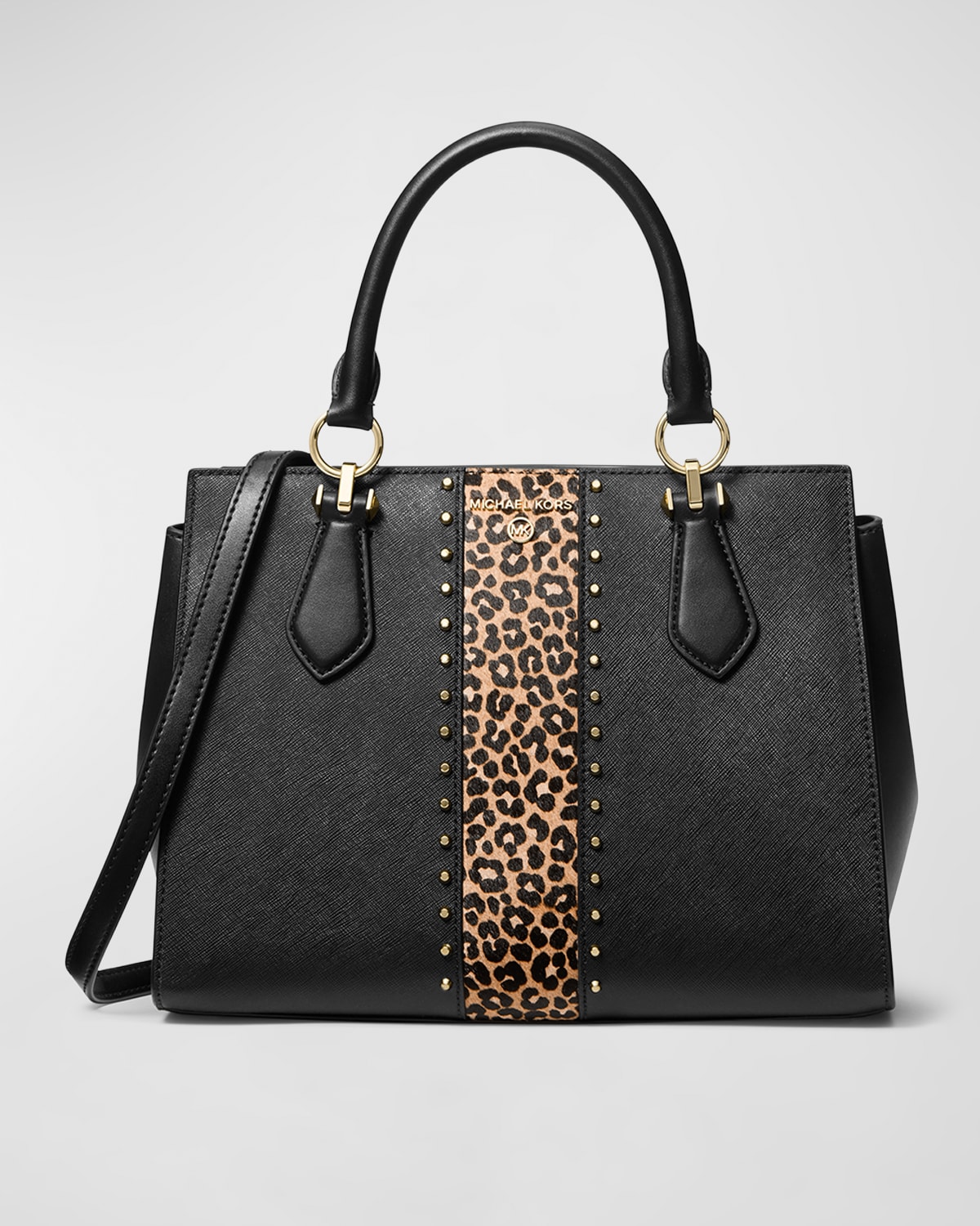 MICHAEL MICHAEL KORS MARILYN MEDIUM STUD LEOPARD SATCHEL BAG