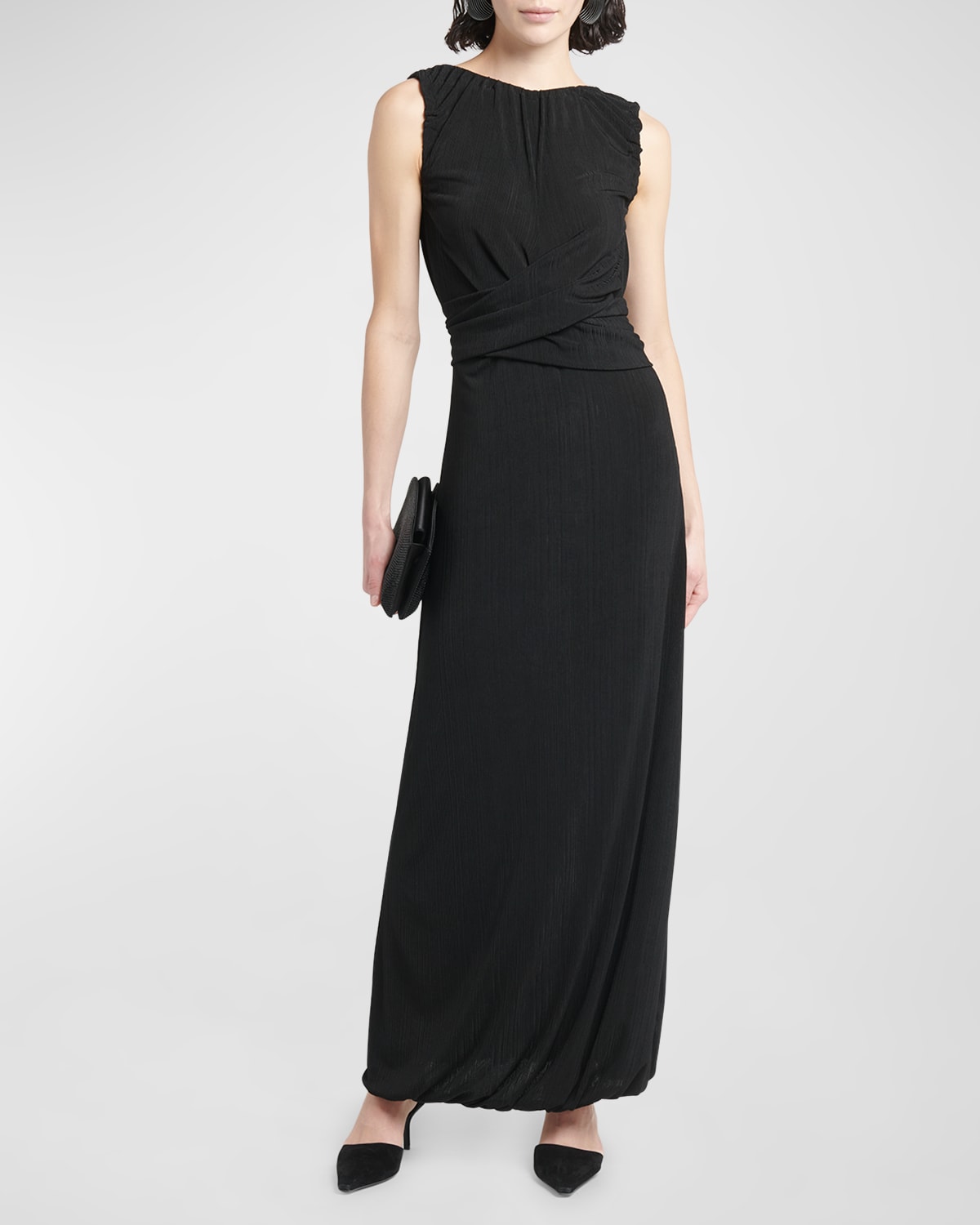 Giorgio Armani Crossover-waist Sleeveless Thigh-slit Plisse Jersey Gown In Solid Black