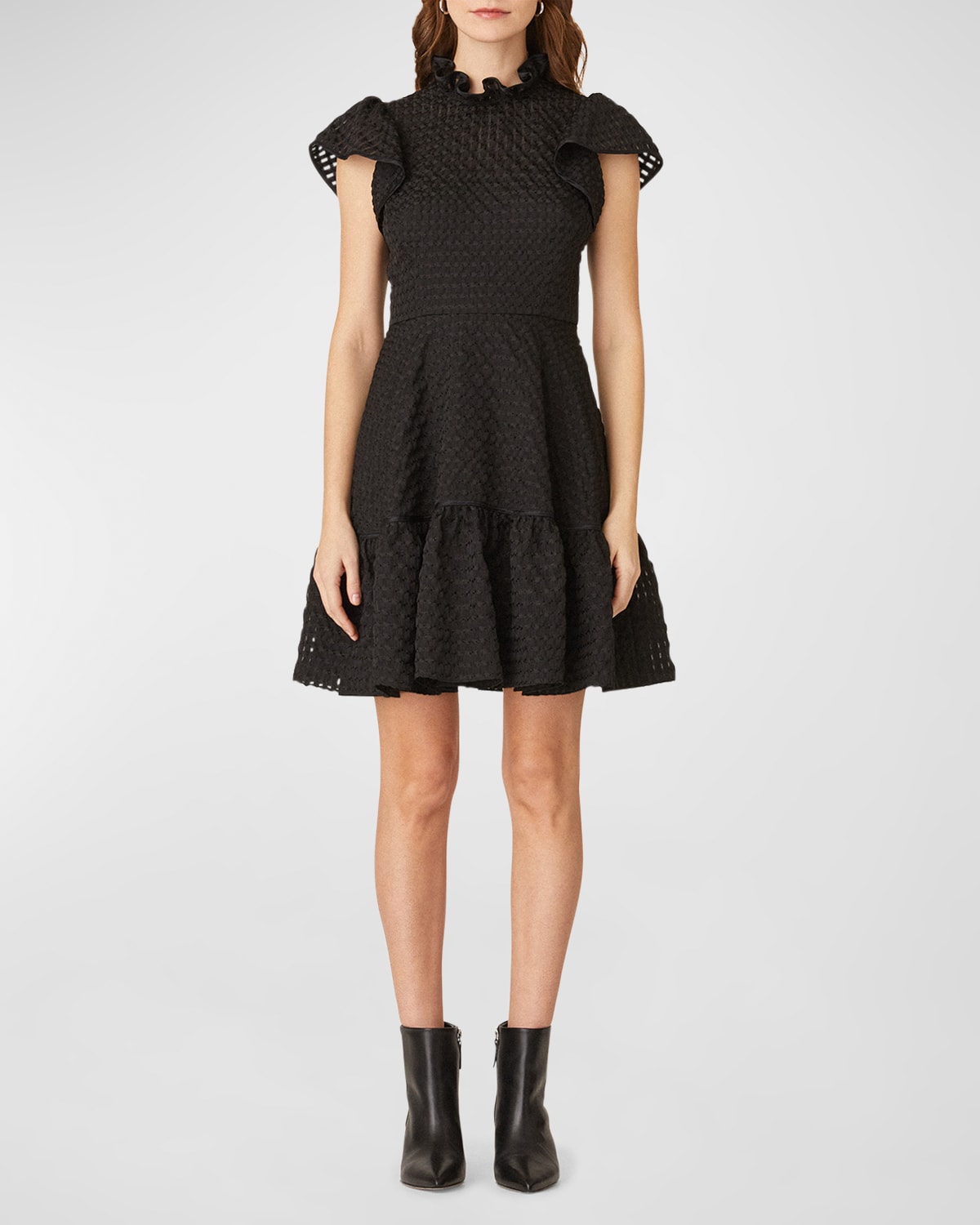 Delaney Puckered Ruffle-Trim Flounce Mini Dress