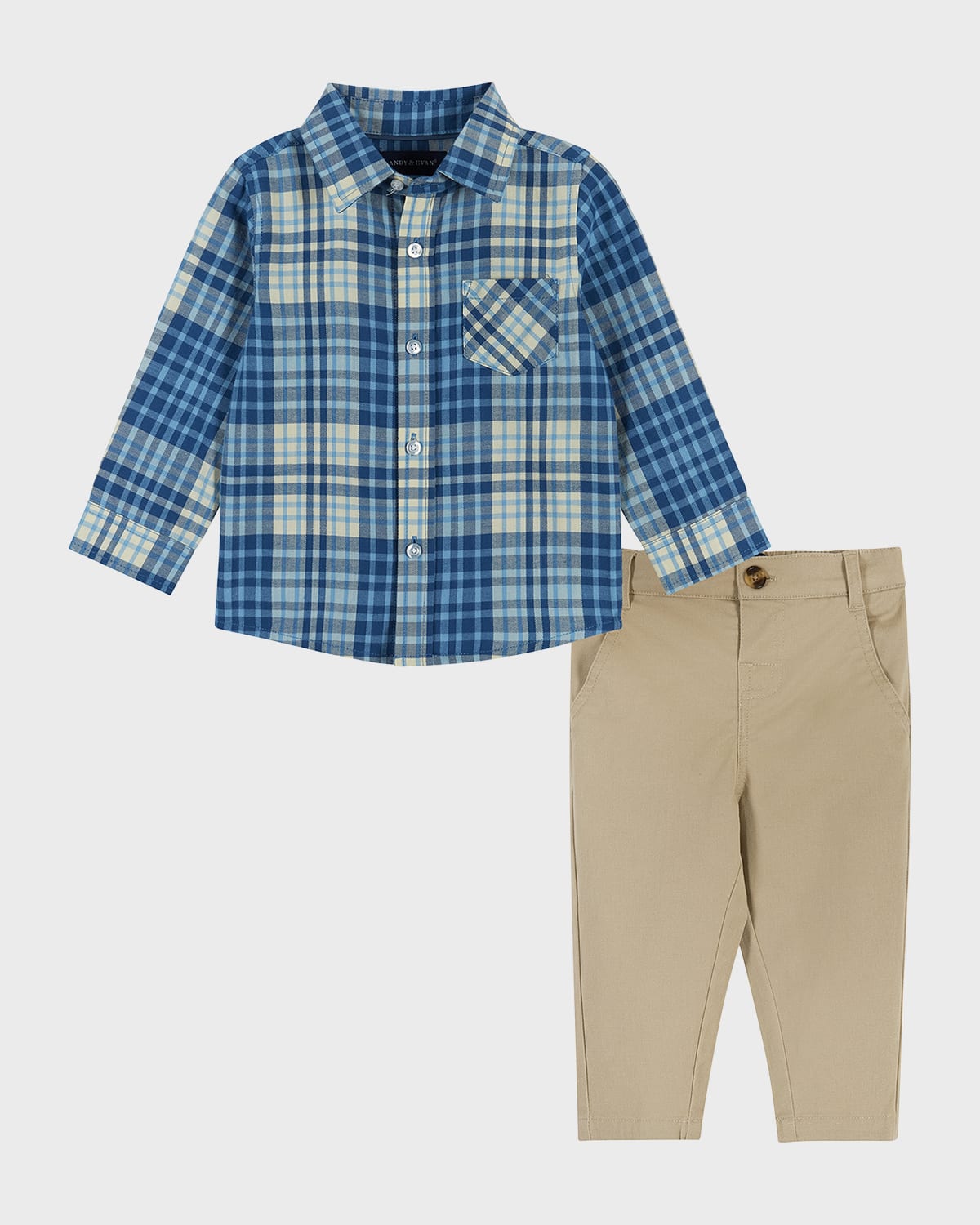 Andy & Evan Kids' Boy's Plaid Ultra Soft Button Down Shirt & Pants Set In Blue Cream Pld