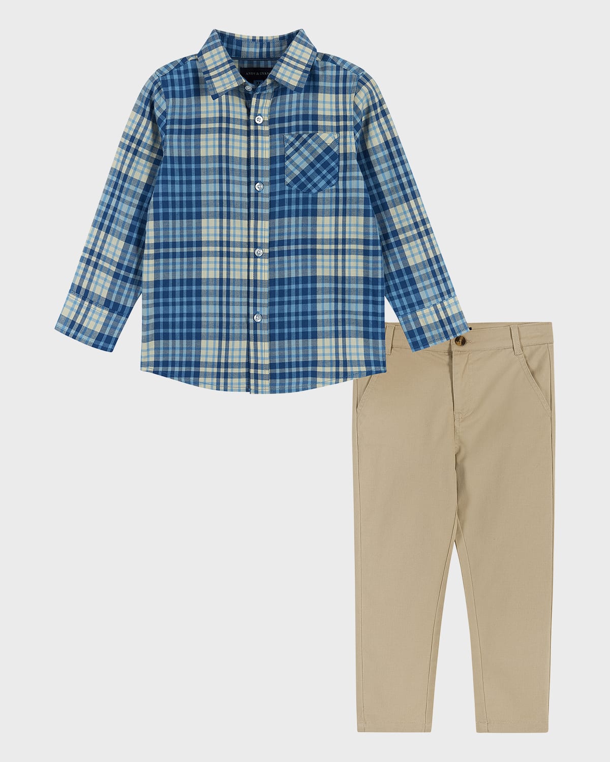 Shop Andy & Evan Boy's Plaid Ultra Soft Button Down Shirt & Pants Set In Blue Cream Pld
