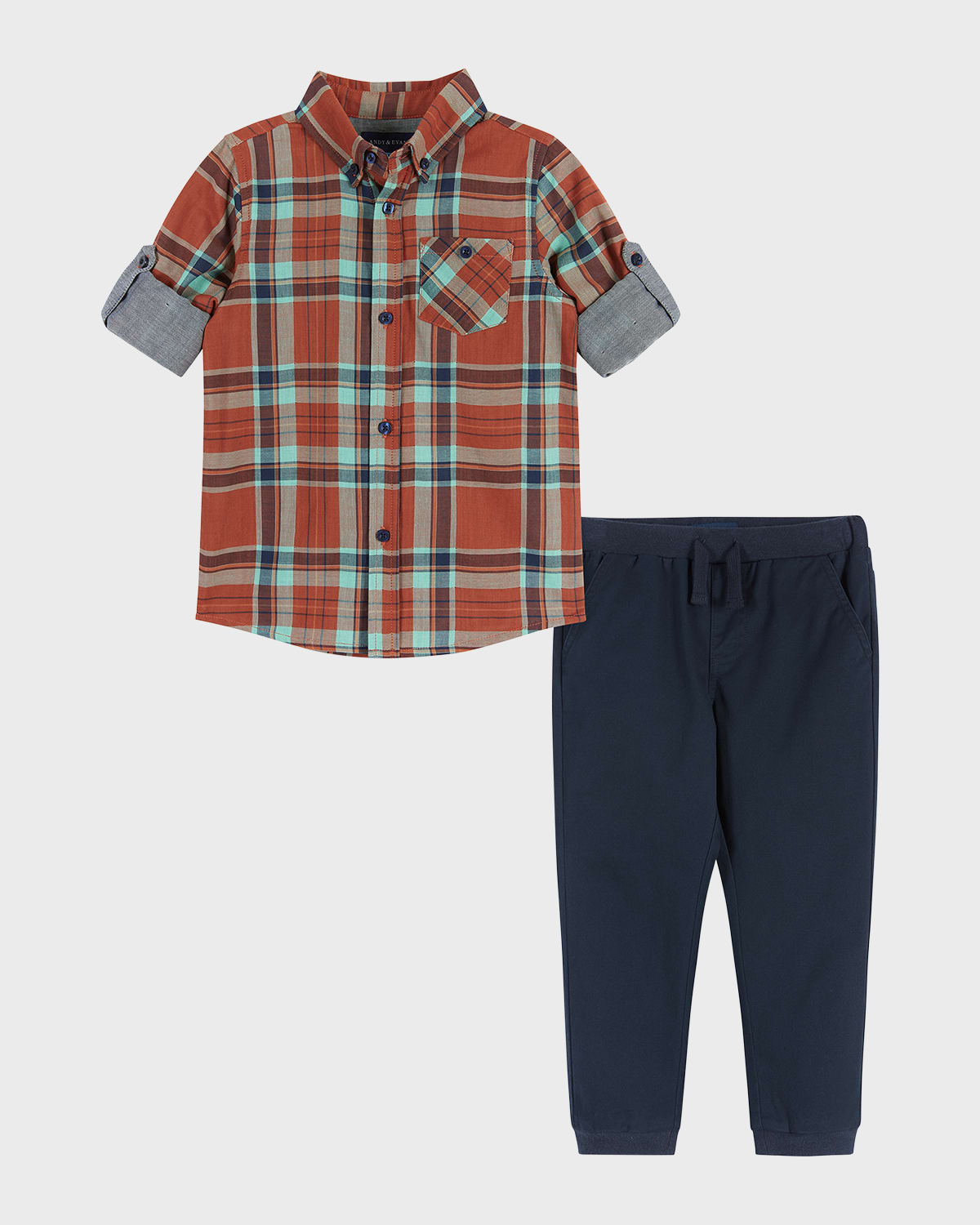 Andy & Evan Kids' Boy's Plaid-print Button Down Shirt & Joggers Set In Brown
