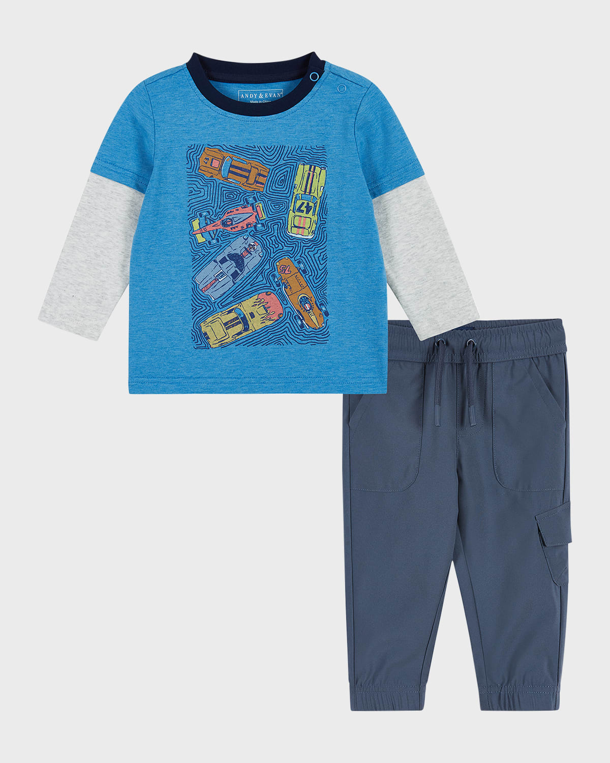 Andy & Evan Kids' Girl's Racecar-print Graphic T-shirt W/ Joggers Set In Racecar Aqua