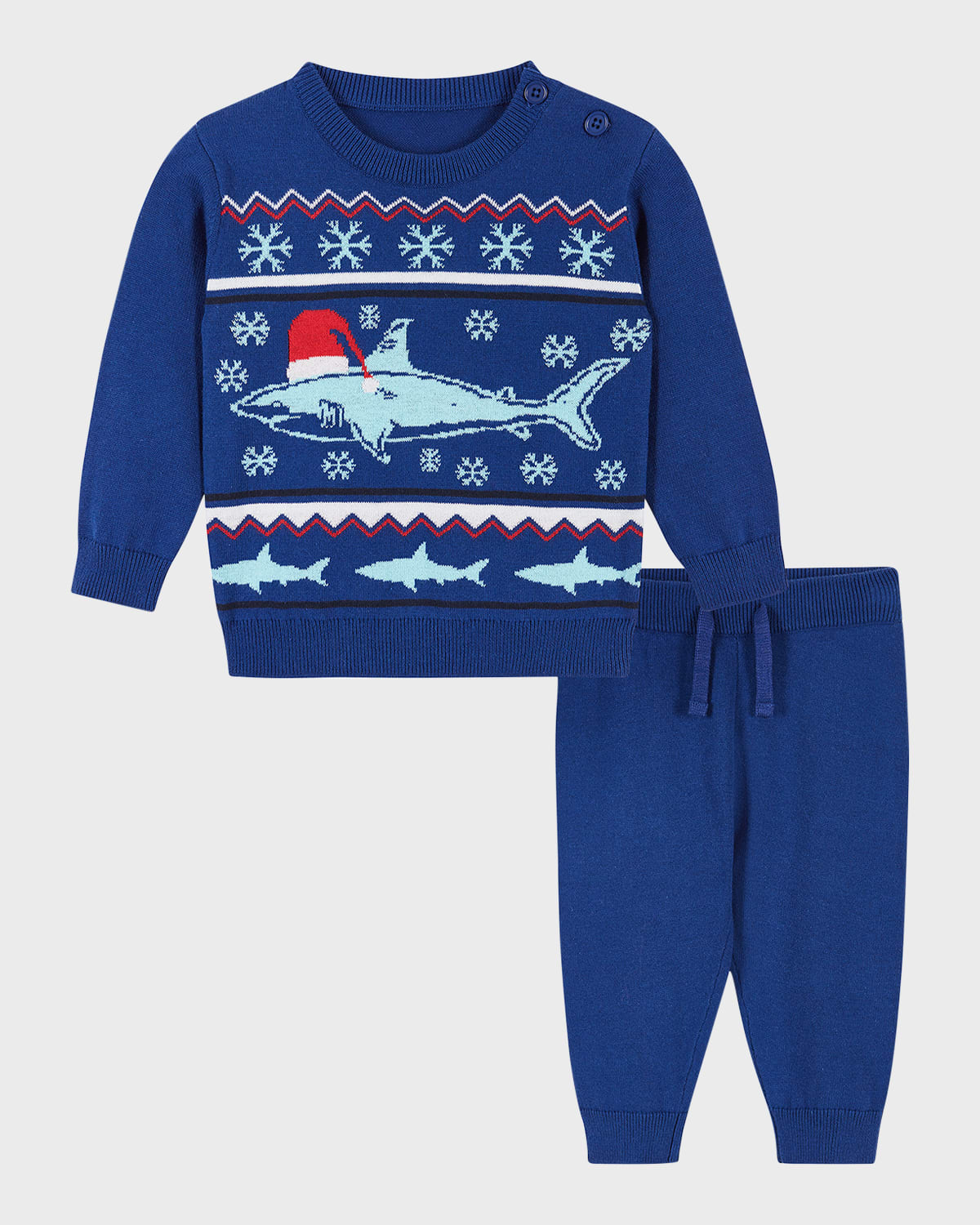 Andy & Evan Kids' Boy's Blue Holiday Shark Jacquard Sweater Set In Santa Shark Nvy