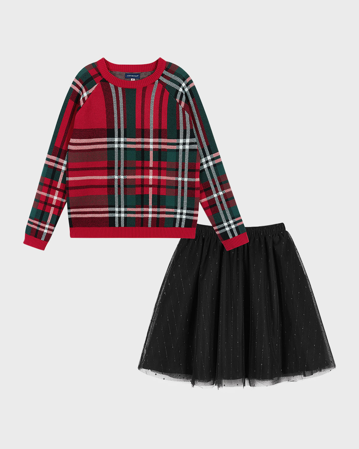 Andy & Evan Kids' Girl's Plaid-print Sweater W/ Tulle Skirt In Black Plaid