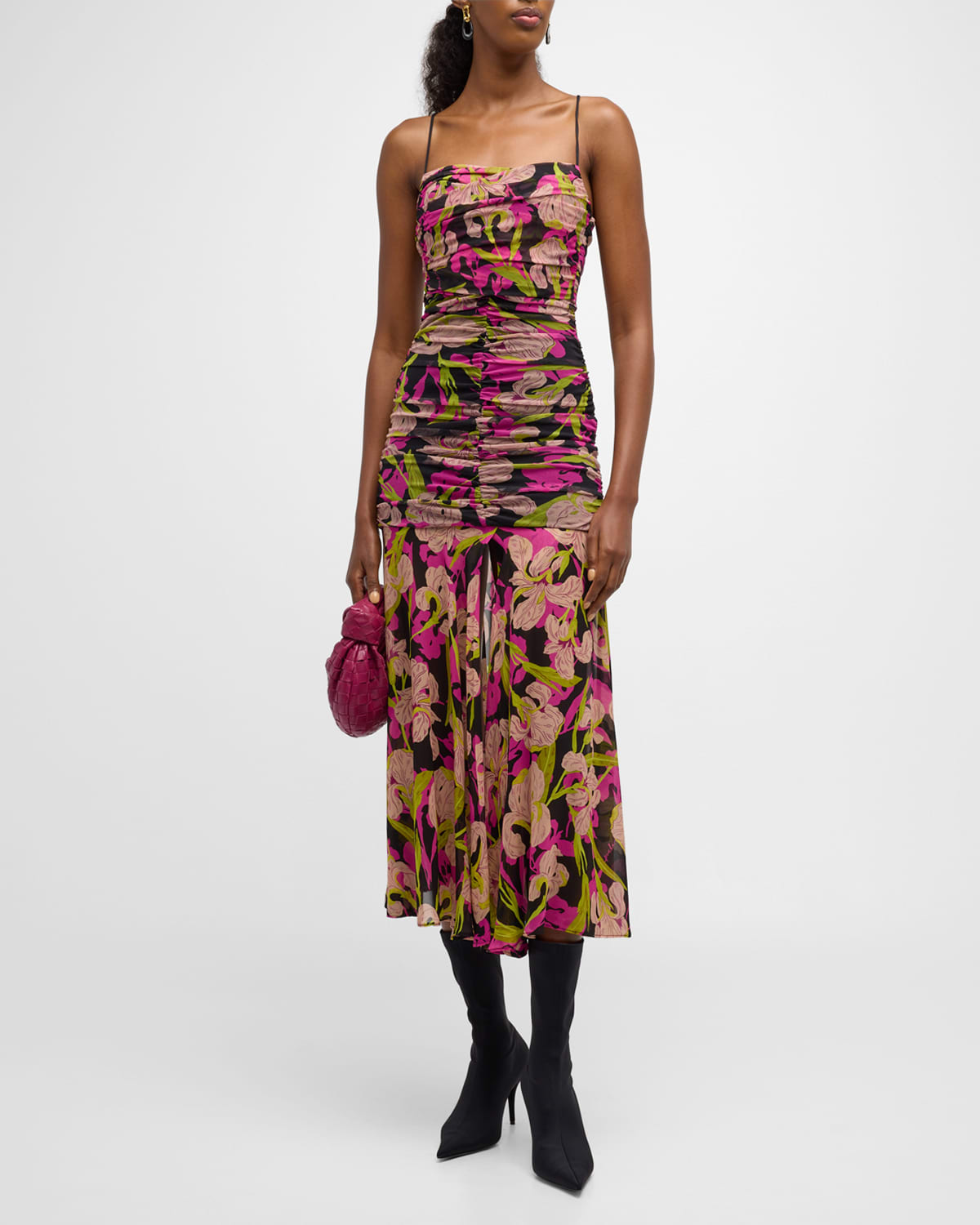Pinko Abbronzato Sleeveless Floral Georgette Calf-length Dress In Black Floral Prin